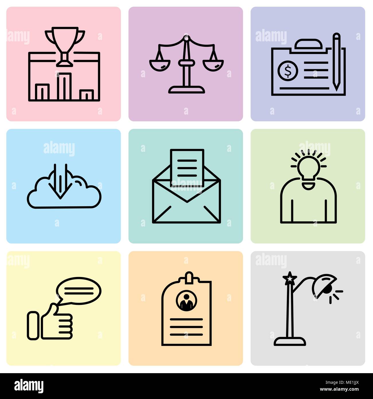 Set di 9 semplici icone modificabile come lampadina, CV, commento, idea, e-mail, scaricare, contratto, bilancia il 1 ° posto, può essere usato per il mobile, l'interfaccia utente web Illustrazione Vettoriale