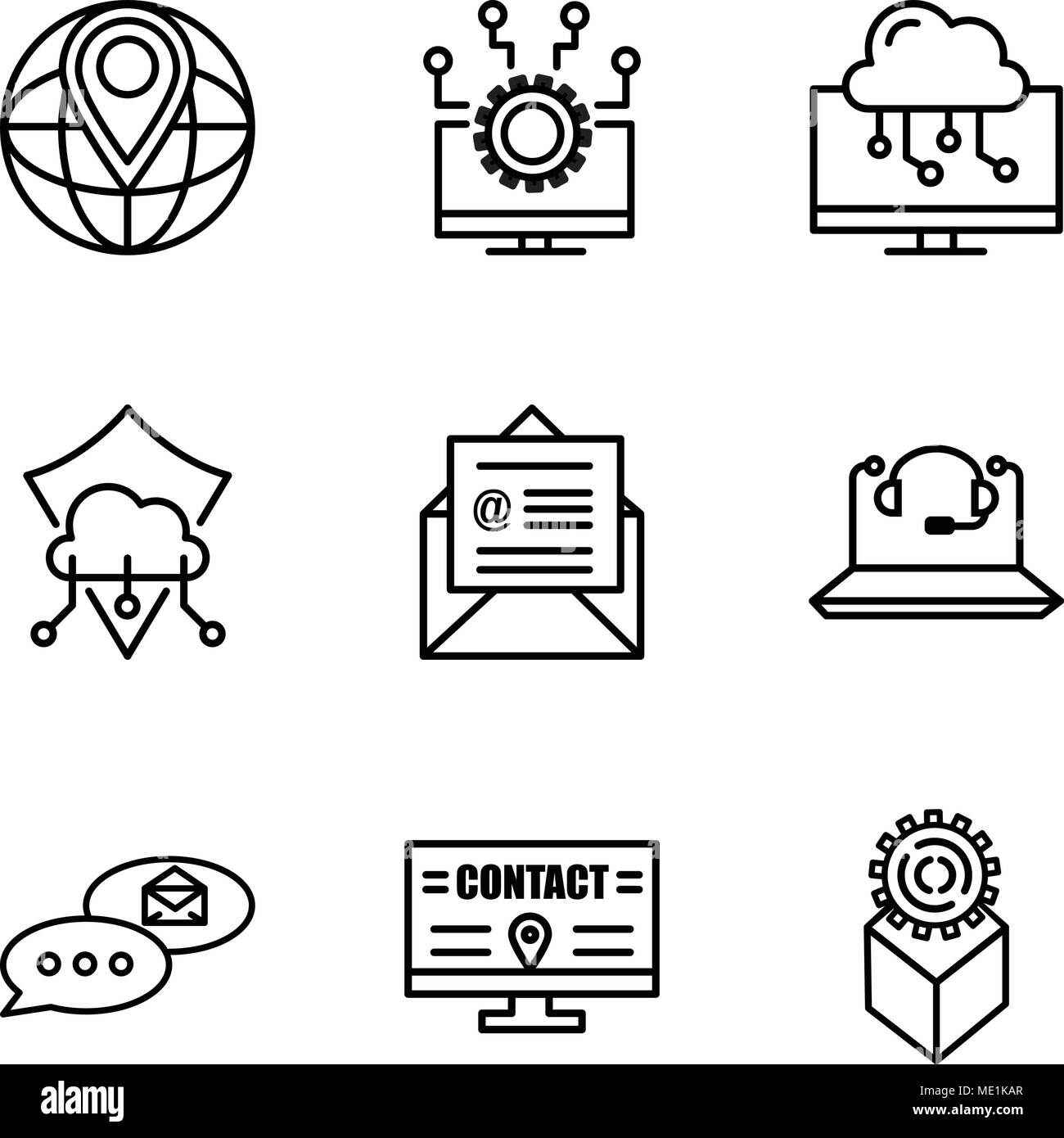 Set di 9 semplici icone modificabili quali sviluppo, affissioni, chat e-mail, Call Center, su e-mail, protezione, laptop, portatile, mondo segnaposto, può essere Illustrazione Vettoriale