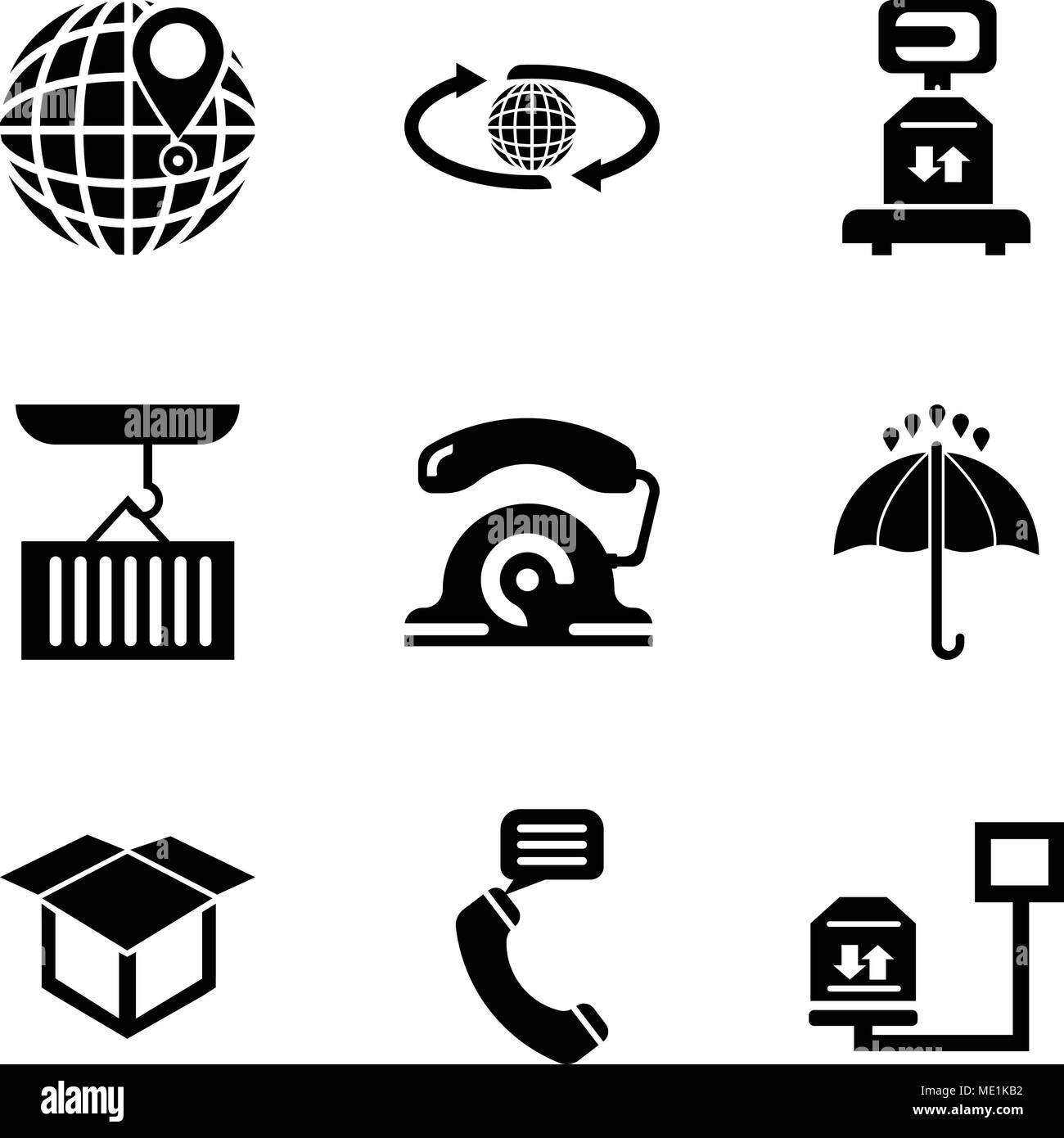 Set di 9 semplici icone modificabile come peso del pacchetto di consegna su una scala, parla al telefono auricolare, la consegna del pacchetto, aperto 24 ore, telefono Illustrazione Vettoriale