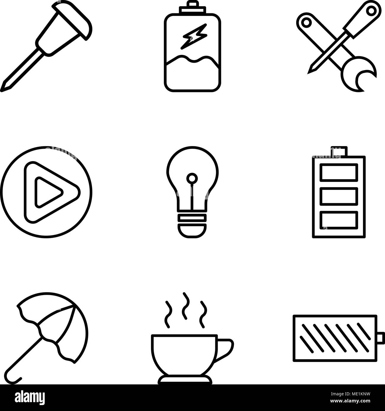 Set di 9 semplici icone modificabili come il livello di carica della batteria, una tazza di caffè caldo, ombrello aperto, il livello di carica della batteria, la luce della lampadina, il pulsante Play, un cacciavite e una chiave Illustrazione Vettoriale