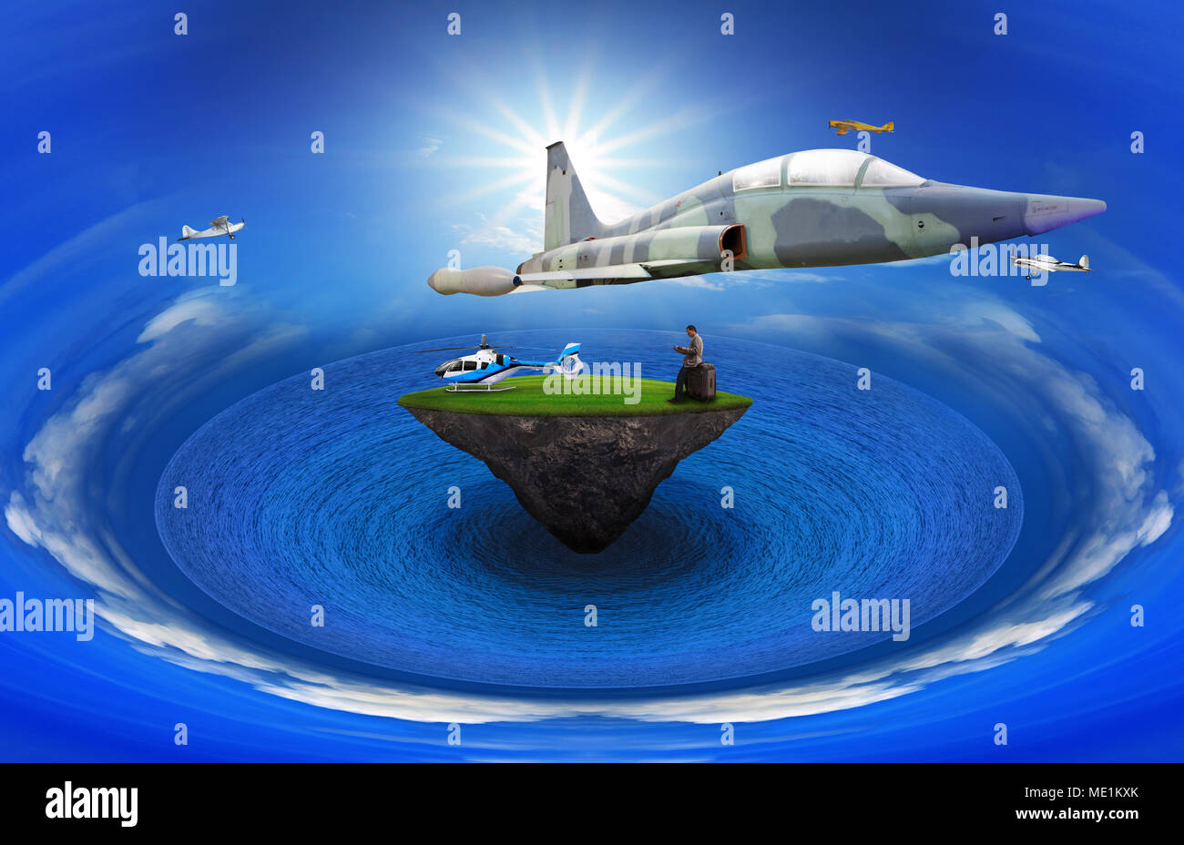 Giovane uomo in piedi sull'isola galleggiante con l' aereo volo sopra l'uso di multipurpose Foto Stock