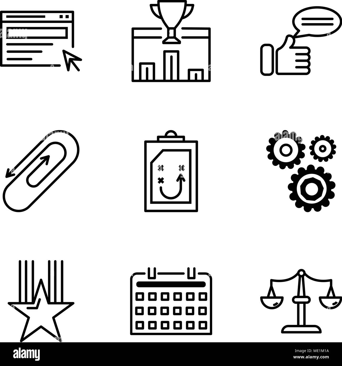 Set di 9 semplici icone modificabile come una bilancia, tastiera, stella, impostazioni documento, clip, commento al primo posto, ricerca, può essere usato per il mobile, l'interfaccia utente web Illustrazione Vettoriale