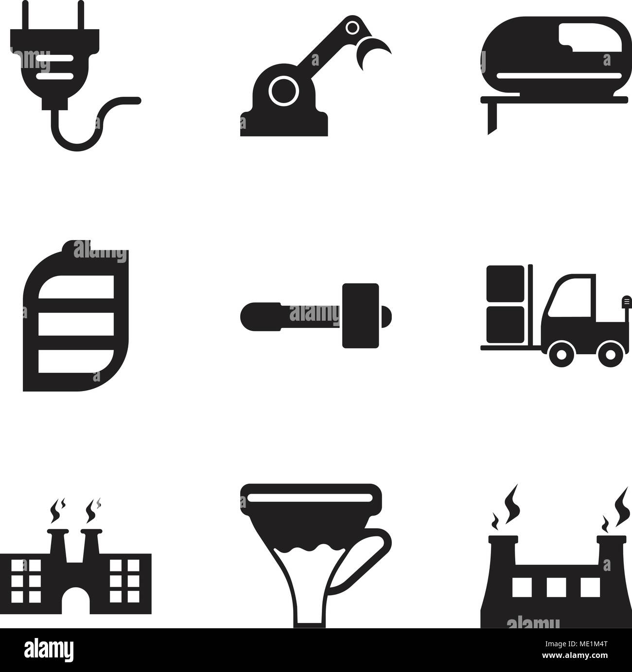 Set di 9 semplici icone modificabili quali tessuto & vapore, imbuto, fabbrica, carrello, martello, batteria, una smerigliatrice jenny, spina elettrica, può essere utilizzato per la mobil Illustrazione Vettoriale