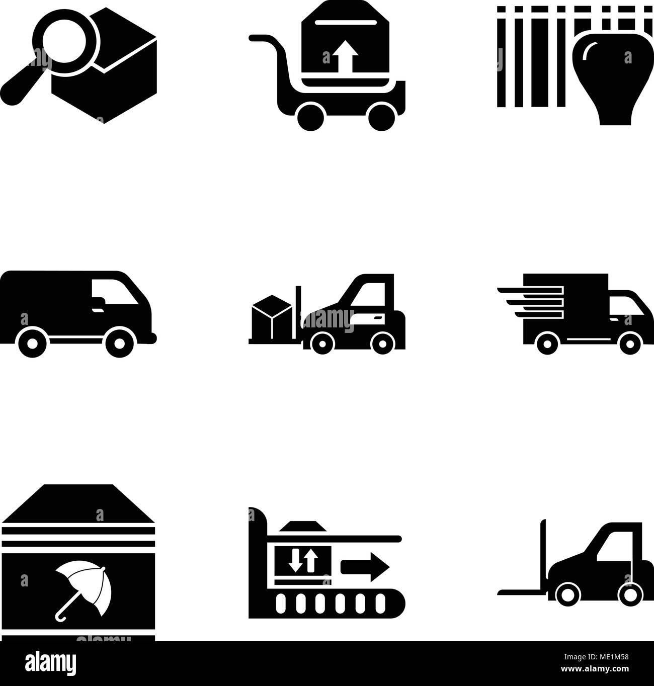 Set di 9 semplici icone modificabile come la logistica dei trasporti, pacchetto sul trasporto di rotolamento, consegna pacchetto con ombrellone, logistica di consegna nel carrello Illustrazione Vettoriale