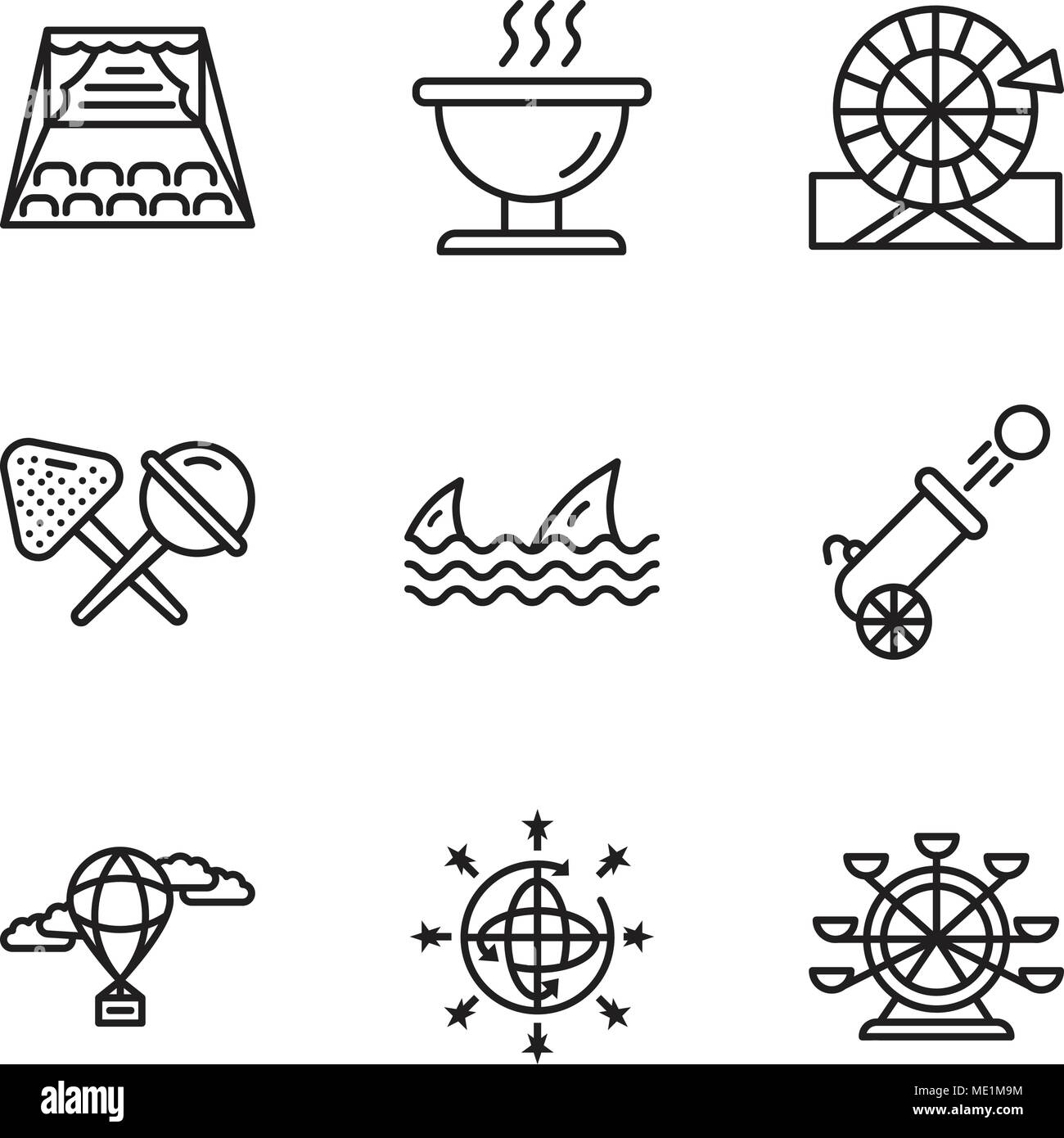 Set di 9 semplici icone modificabile come ruota panoramica Ferris, palla da discoteca, mongolfiera, Cannone, squali, Candy, ruota, barbeque, stadio, può essere usato per il mobile, abbiamo Illustrazione Vettoriale