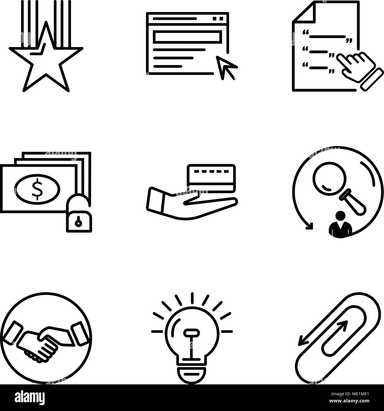 Set di 9 semplici icone modificabile come clip, lampadina, agitando a mano, la ricerca, la carta, il denaro e la chiave, contratto di ricerca, Star, può essere usato per il mobile, web U Illustrazione Vettoriale