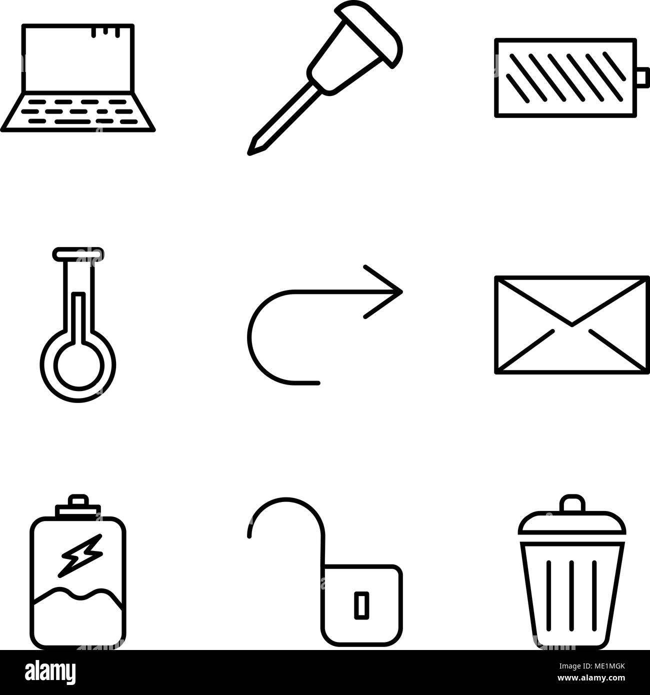 Set di 9 semplici icone modificabile come spazzatura, lucchetto aperto, la carica della batteria, busta chiusa, freccia rivolta a destra, il matraccio di Erlenmeyer, pastella Illustrazione Vettoriale