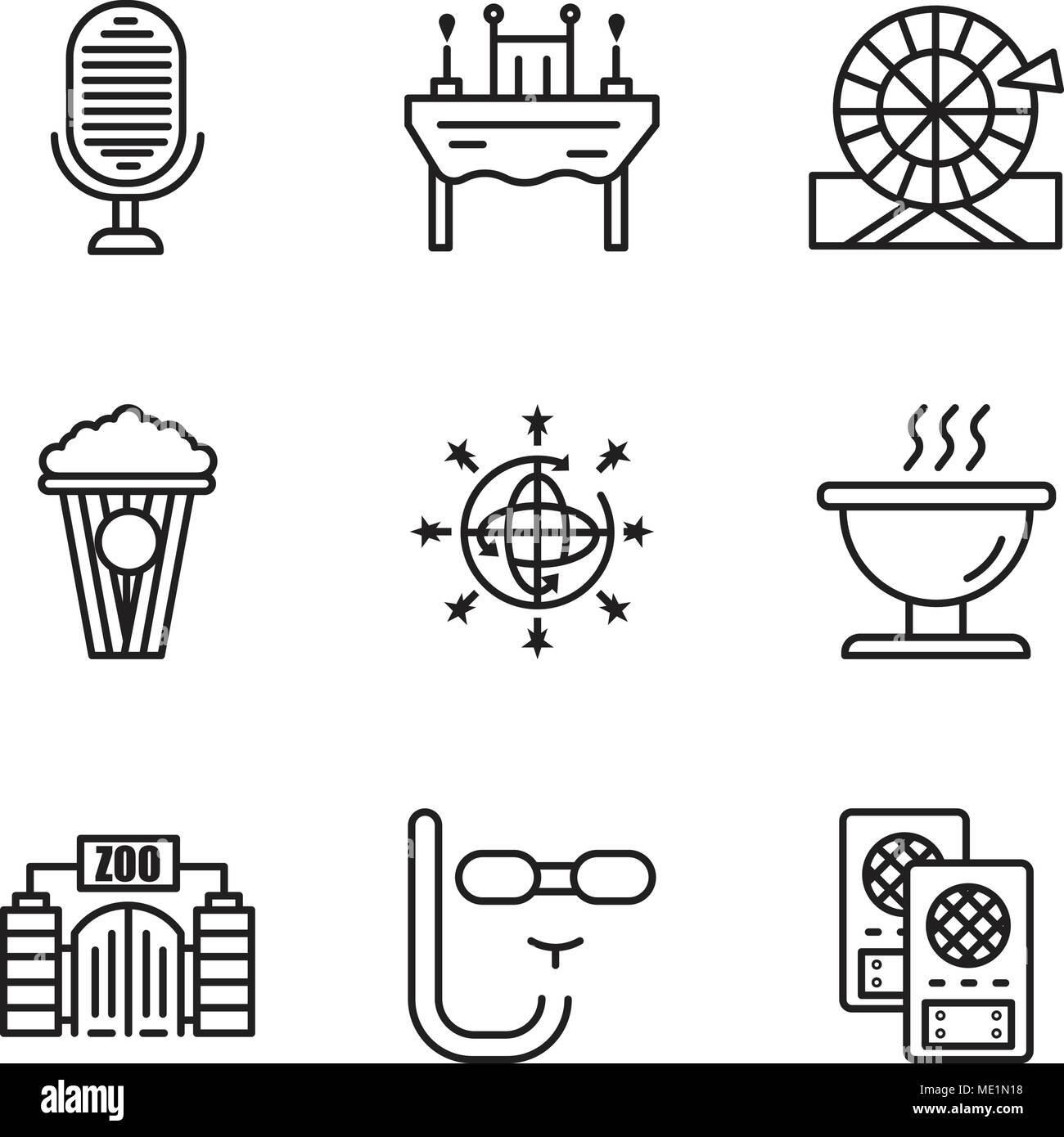 Set di 9 semplici icone modificabile come altoparlante, maschera subacquea, Zoo, barbeque, palla da discoteca, popcorn, ruota, cena, il microfono può essere utilizzato per il mobile, web Illustrazione Vettoriale