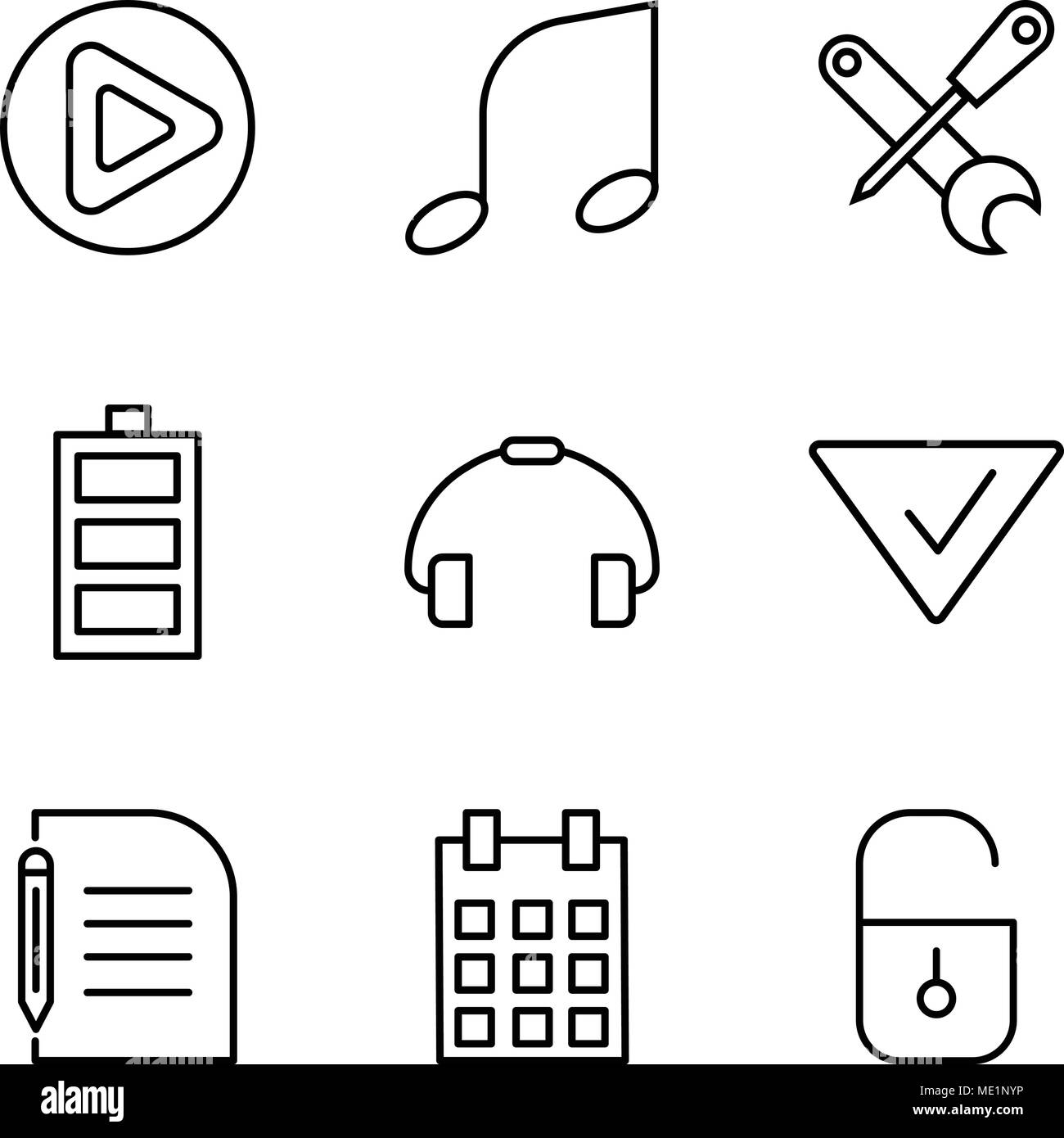 Set di 9 semplici icone modificabile come lucchetto chiuso, il calendario con il giorno 5 e un pezzo di carta e matita, il segno di spunta, telefono maniglia, il livello di carica della batteria, Sc Illustrazione Vettoriale