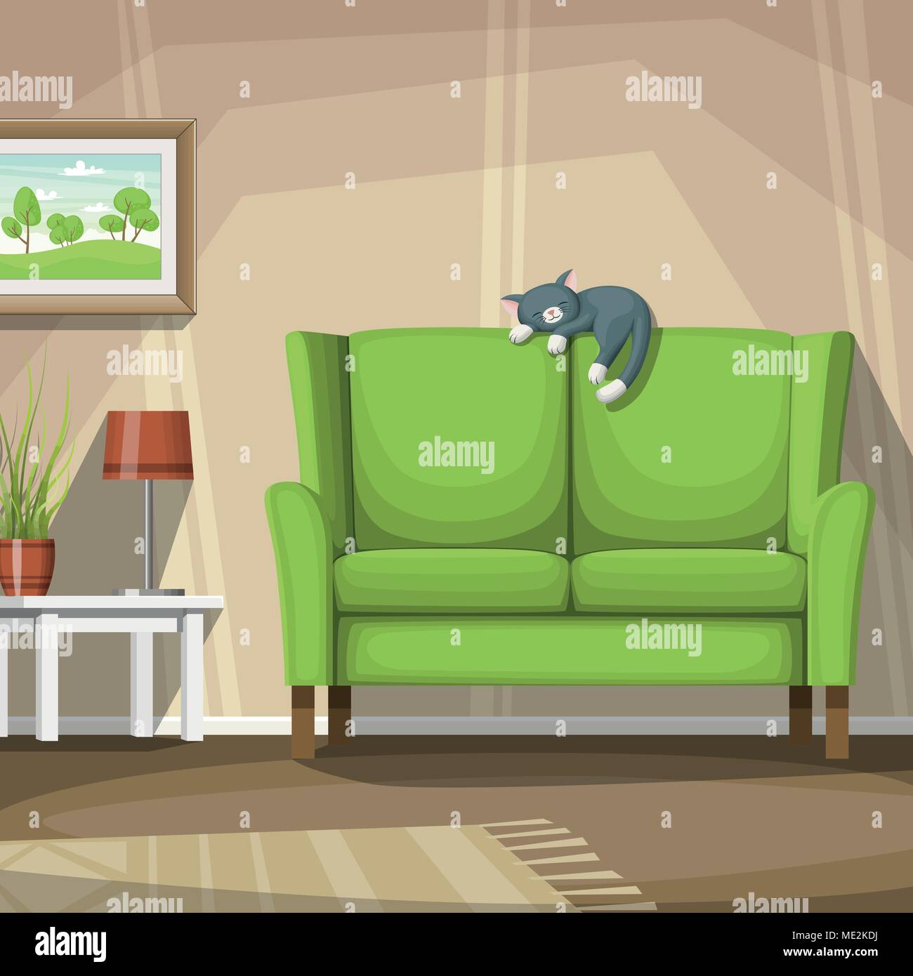 Illustrazione vettoriale di un soggiorno con sleeping cat. Illustrazione Vettoriale