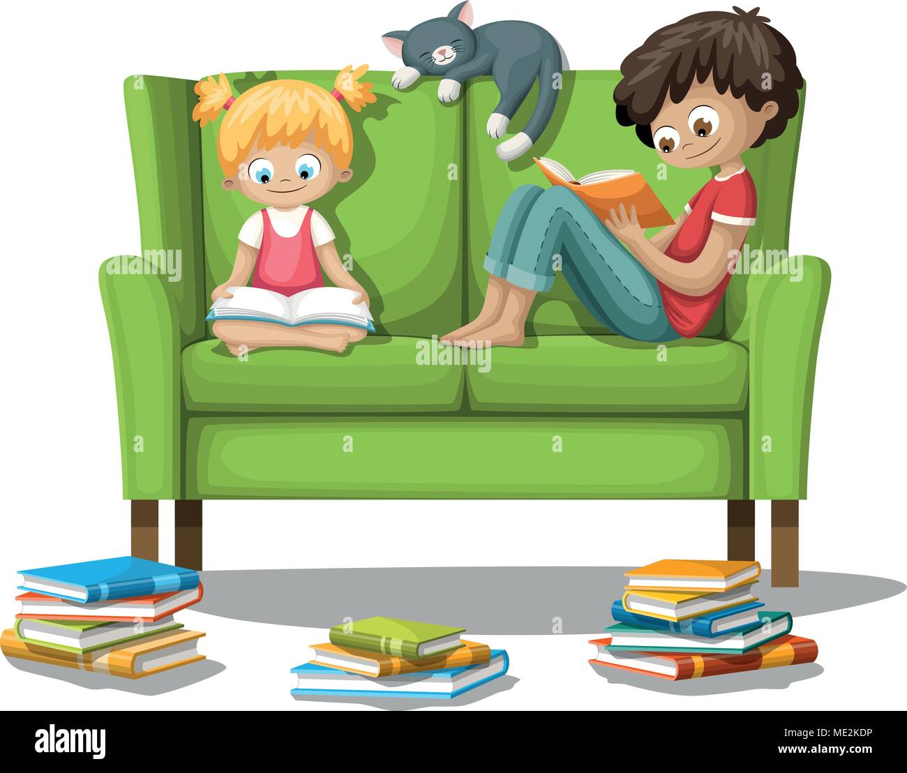Due bambini sono seduti su un divano e la lettura di un libro. Illustrazione Vettoriale