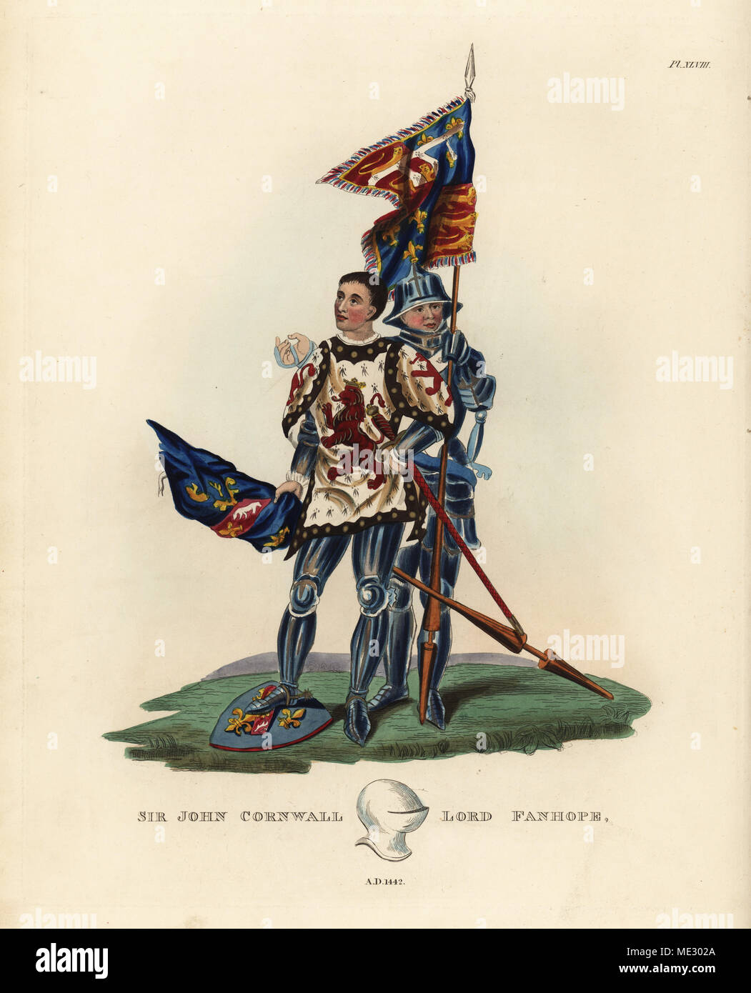 Sir John Cornwall, Primo Barone Fanhope e Milbroke, nobile inglese e soldato, 1364-1442. Egli indossa una tuta la piastra di armatura, armorial tabard con un oro-incoronato Red Lion sul campo ermellino. Cornovaglia detiene il banner e si erge sulla protezione di un cavaliere francese ha sconfitto in una giostra in 1400. Il suo scudiero indossa un visored capelline o acciaio hat. Da una finestra di vetro colorato nella Chiesa Ampthill, Bedfordshire. Litografia Handcolored dopo una illustrazione da S.R. Meyrick da Sir Samuel Rush Meyrick è un Critical Inquiry in Antient corazza, John Dowding, Londra, 1842. Foto Stock
