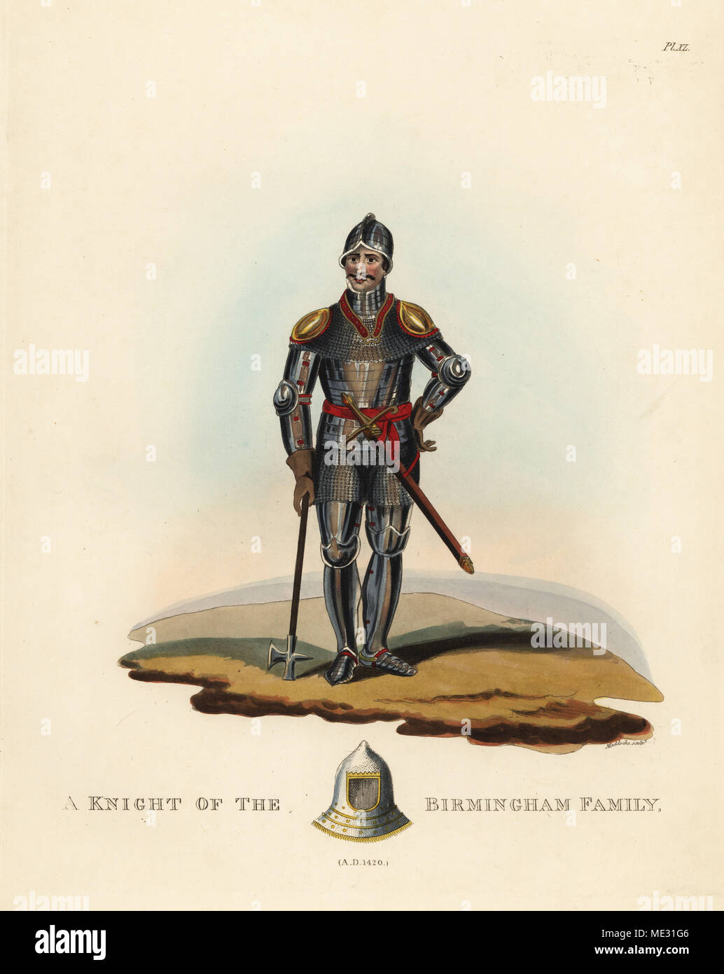 Un cavaliere della famiglia di Birmingham, 1420. Egli indossa una culla, suit di armature di piastra flessibile con corazza, genouillieres, spalla e piastre a gomito,e porta un'ascia di guerra. Casco di Sir John de Wydevill a fondo. Litografia Handcolored da Maddocks dopo una illustrazione da S.R. Meyrick da Sir Samuel Rush Meyrick è un Critical Inquiry in Antient corazza, John Dowding, Londra, 1842. Foto Stock