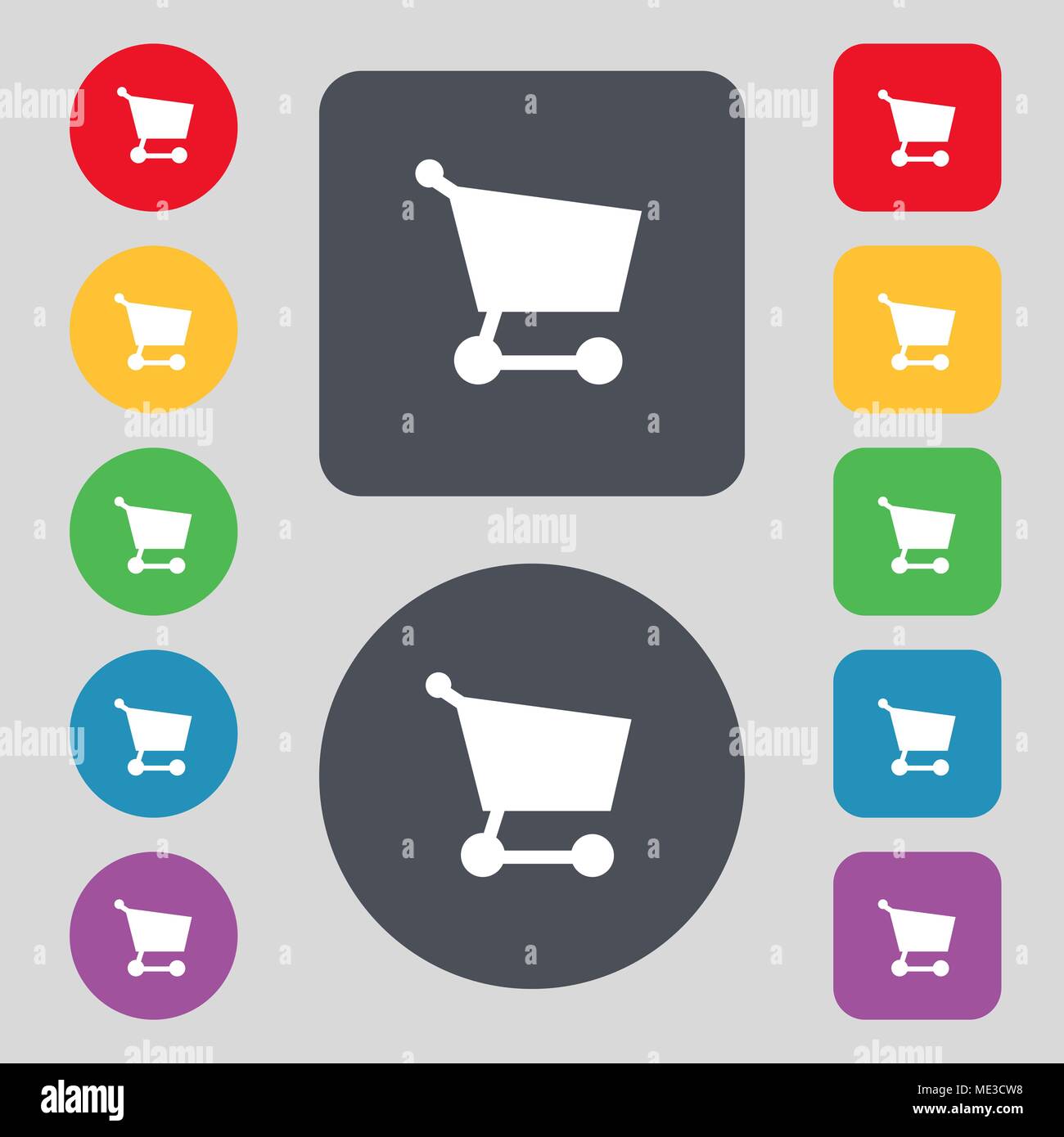 Carrello icona segno. Una serie di dodici tasti colorati. Design piatto. Illustrazione Vettoriale Illustrazione Vettoriale
