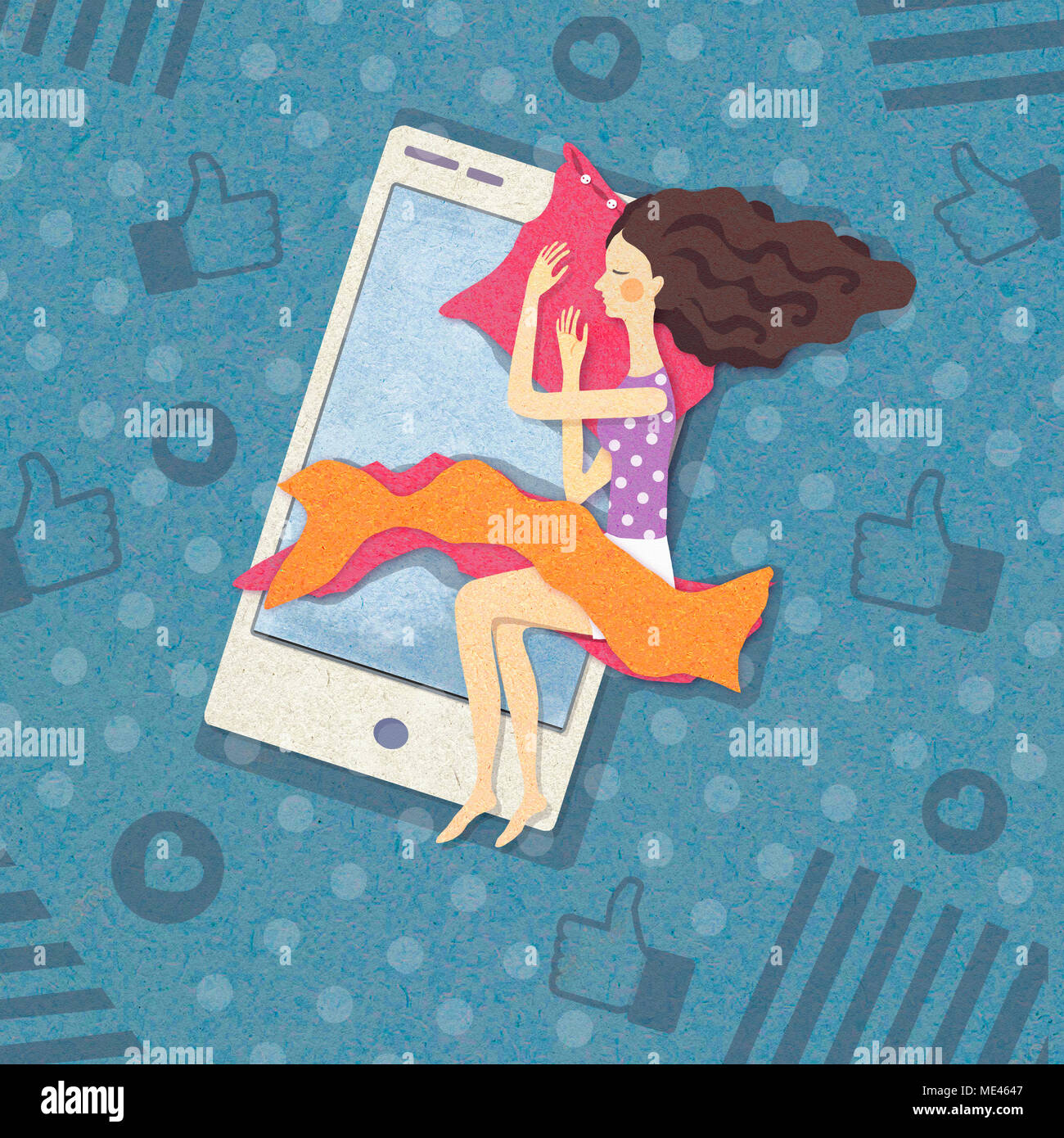 Una illustrazione del luogo di gadget nella società moderna. Una giovane donna dorme su uno smartphone. La generazione digitale. La dipendenza da Internet. Foto Stock