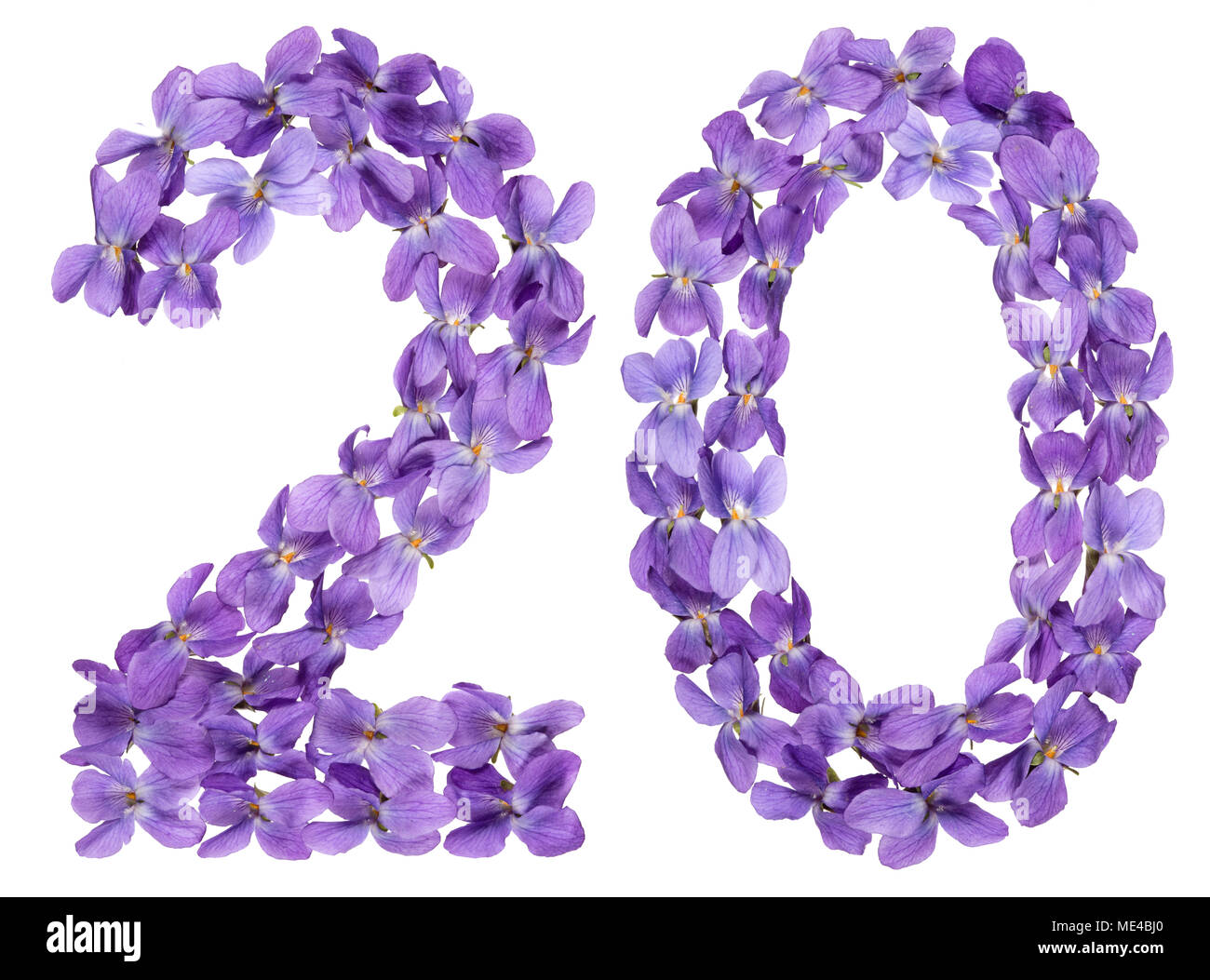 Numero arabo 20, venti, dai fiori di viola, isolato su sfondo bianco Foto Stock