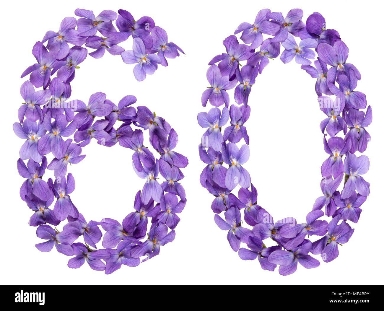 Numero arabo 60, sessanta, dai fiori di viola, isolato su sfondo bianco Foto Stock
