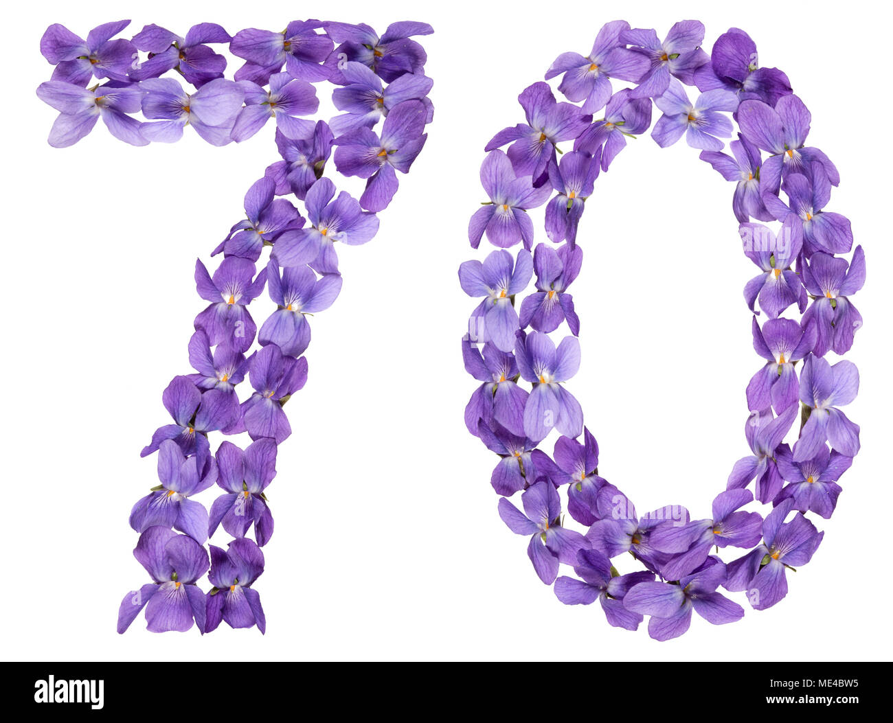 Numero arabo 70, settanta, dai fiori di viola, isolato su sfondo bianco Foto Stock