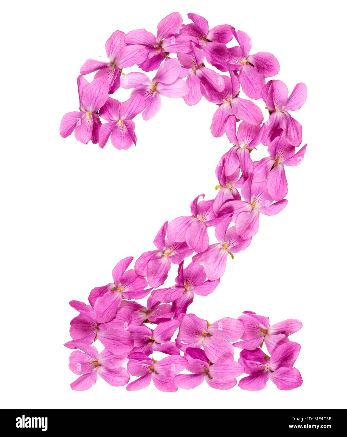 Numero arabo 2, due, dai fiori di viola, isolato su sfondo bianco Foto Stock