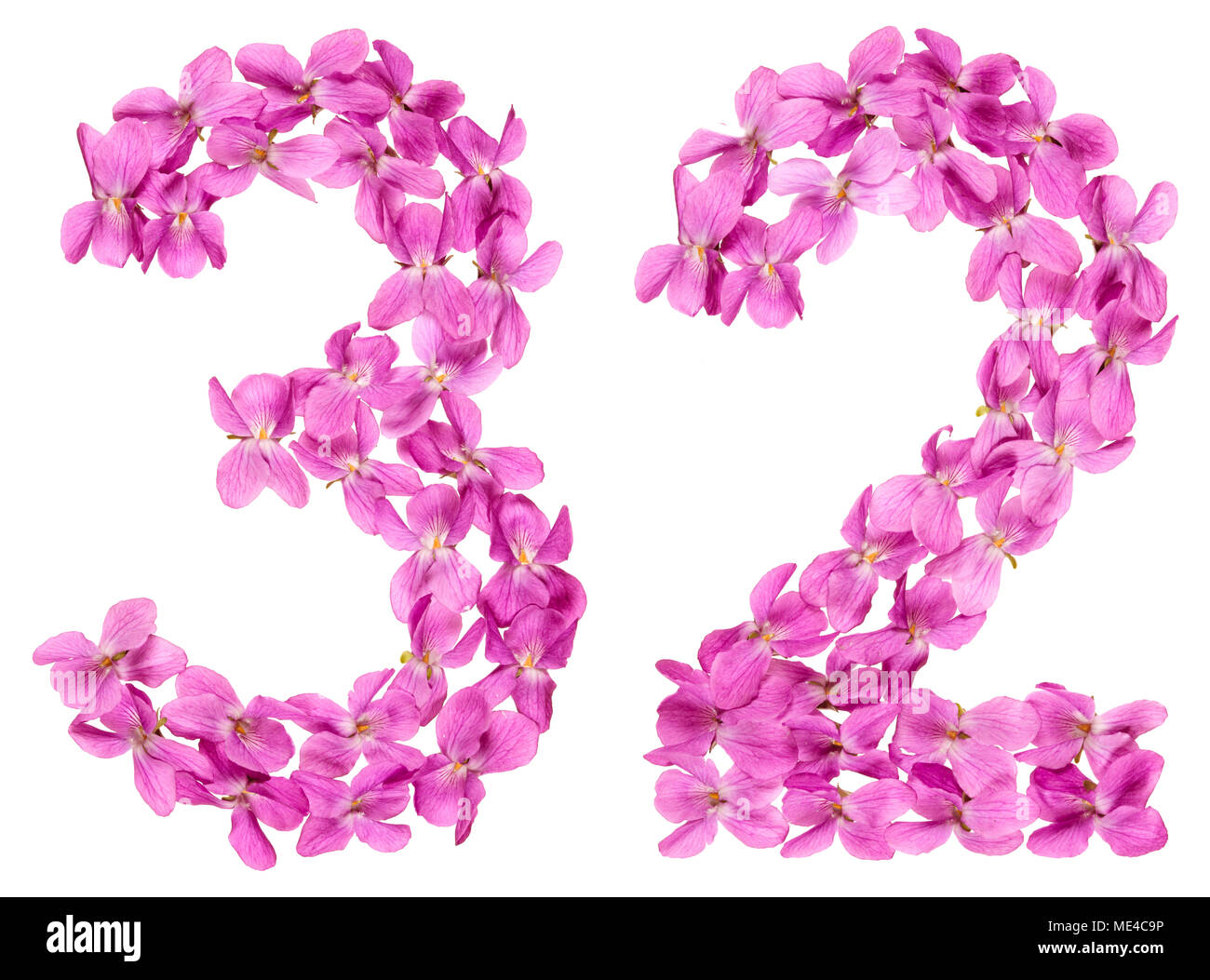 Numero arabo 32, trentadue, dai fiori di viola, isolato su sfondo bianco Foto Stock