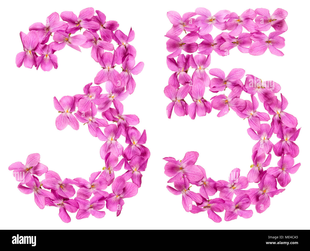 Numero arabo 35, trentacinque, dai fiori di viola, isolato su sfondo bianco Foto Stock