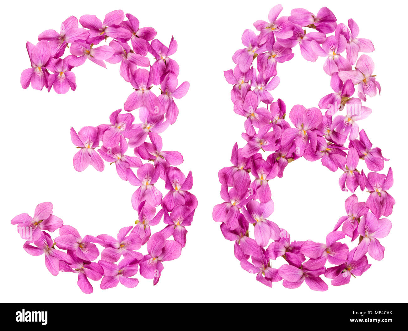 Numero arabo 38, trenta otto, dai fiori di viola, isolato su sfondo bianco Foto Stock