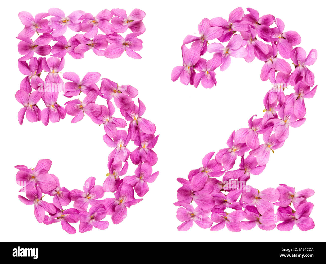 Numero arabo 52, cinquanta due, dai fiori di viola, isolato su sfondo bianco Foto Stock