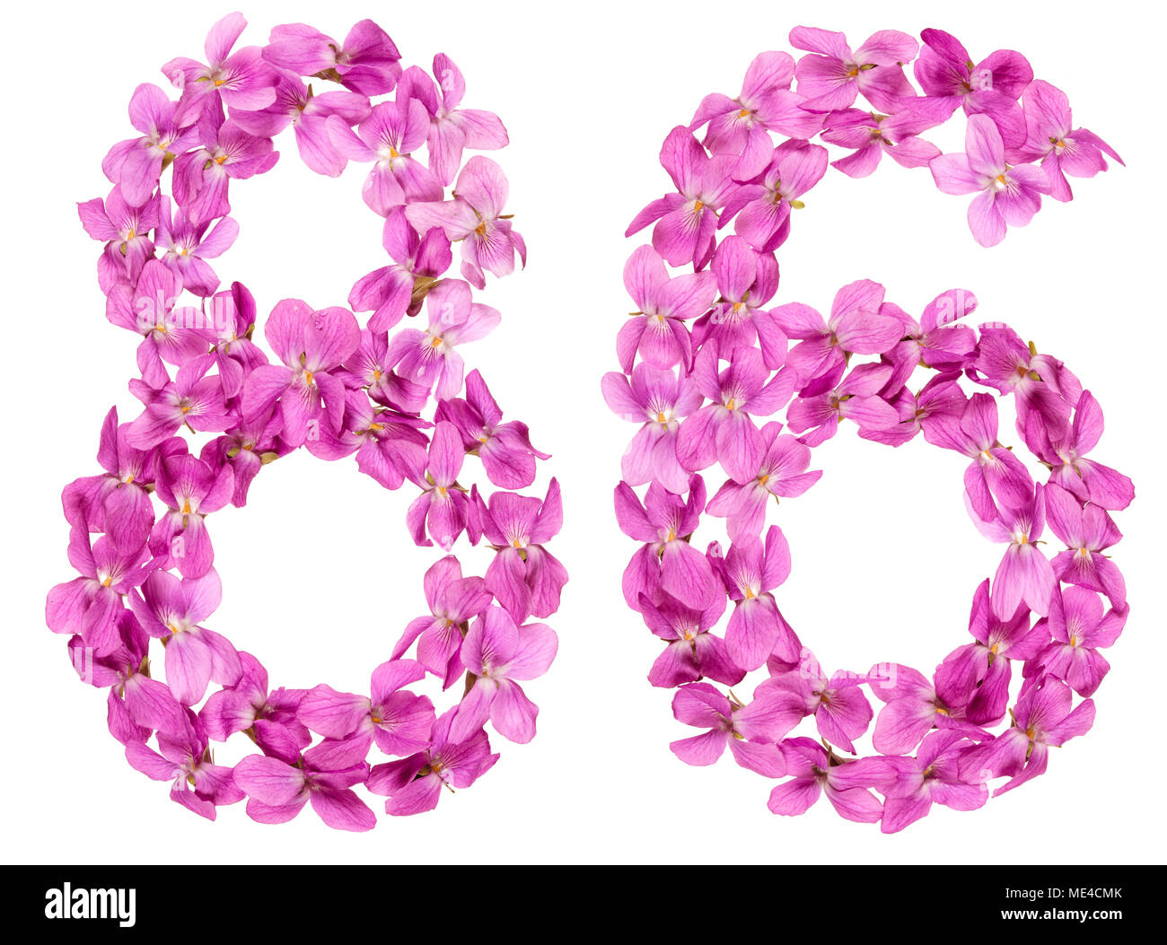Numero arabo 86, ottanta sei, dai fiori di viola, isolato su sfondo bianco Foto Stock