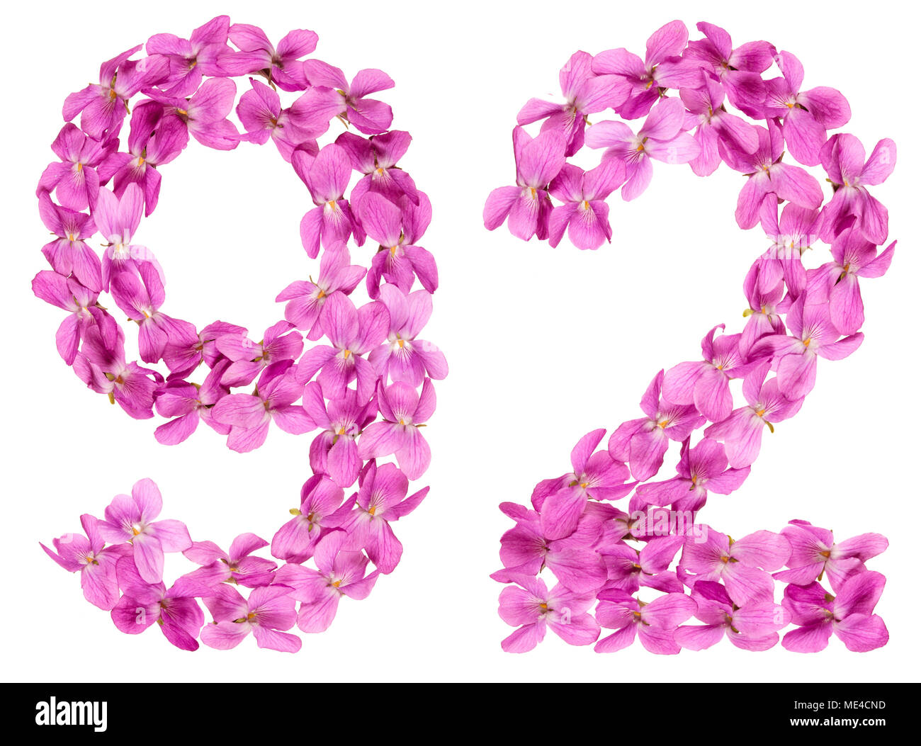 Numero arabo 92, novantadue, dai fiori di viola, isolato su sfondo bianco Foto Stock