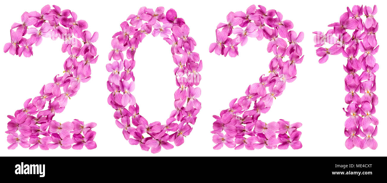 Il numero di riferimento 2021 dai fiori di viola, isolato su sfondo bianco Foto Stock