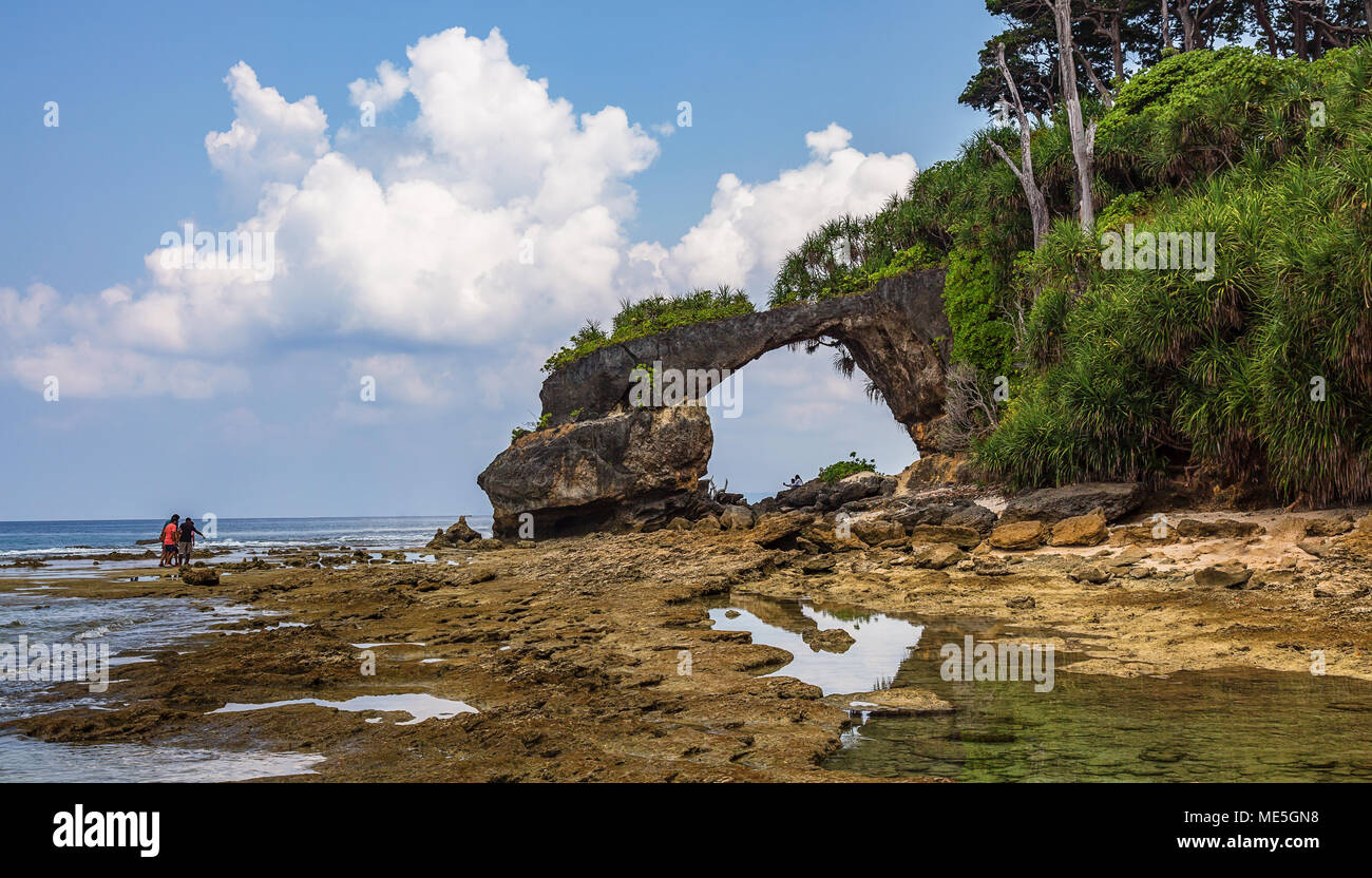 Neil isola ponte naturale di roccia con formazioni rocciose sulla spiaggia del mare di Andaman, India. Foto Stock