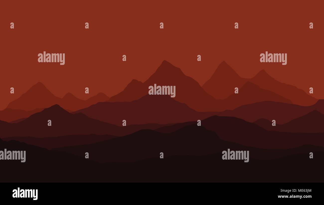 Silhouette di sera paesaggio di montagna sotto la notte rossa cielo drammatico - vettore Illustrazione Vettoriale