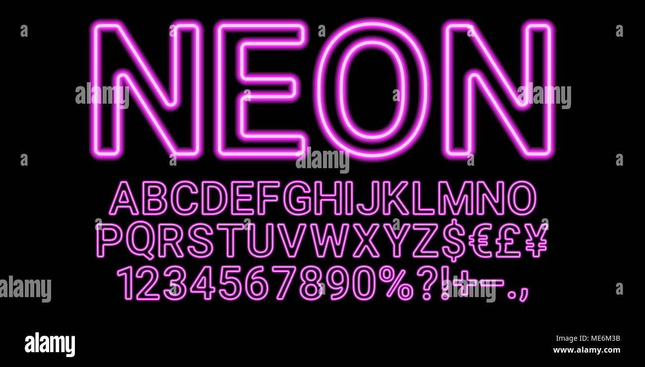 Neon di font in color porpora. Vettore Collezione di latino lettere al neon, Neon alfabeto costituito da contorni su sfondo scuro Illustrazione Vettoriale
