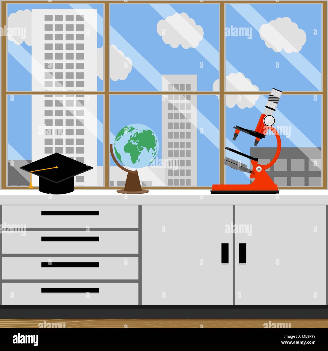 Imparare e scienze dell educazione. Istruzione di chimica, scienziato ricerca, bachelor cap, del libro e del microscopio, illustrazione vettoriale Illustrazione Vettoriale