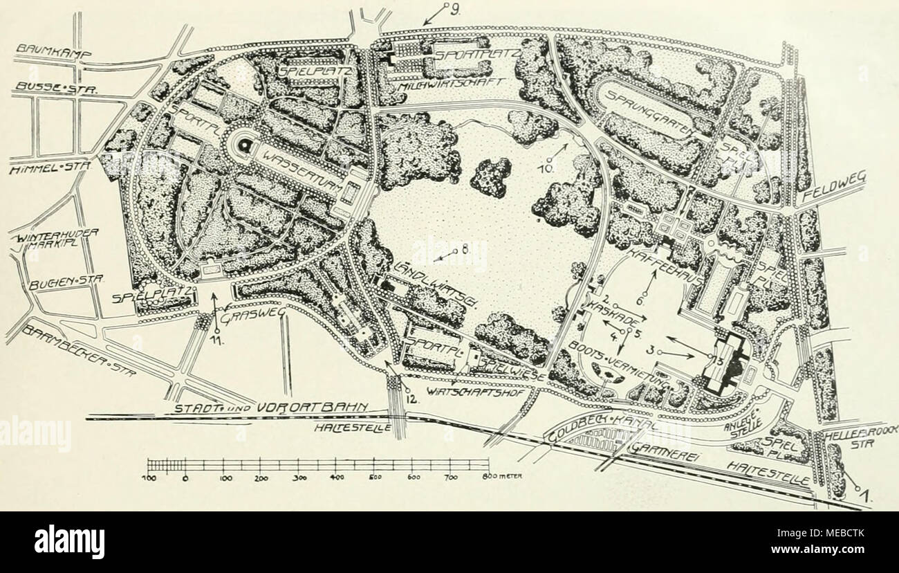 . Die Gartenkunst . Entwurf für den Stadtpark Hamburg-Winterhude. Verfasser: Oberingenieur Sperber und Baudirektor Prof Schumacher, Amburgo. Die Pfeile eingezeichneten geben die ungefähre Blickrichtung für die .Schaubilder i -13 un. Stadtpark Hamburg-Winterhude. Der zur Ausführung bestimmte Entwurf von Oberingenieur Sperber und Baudirektor Prof Schumacher, Amburgo. Nach dem Ausfall bekannten des Wettbewerbes für dcn Stadtpark Hamburg-Winterhude hat der Hamburger Senat den Oberingenieur Sperber und den Baudirektor Schumacher mit der Aufgabe betraut, gemeinsam einen Entwurf für den Stadtpark aus Foto Stock