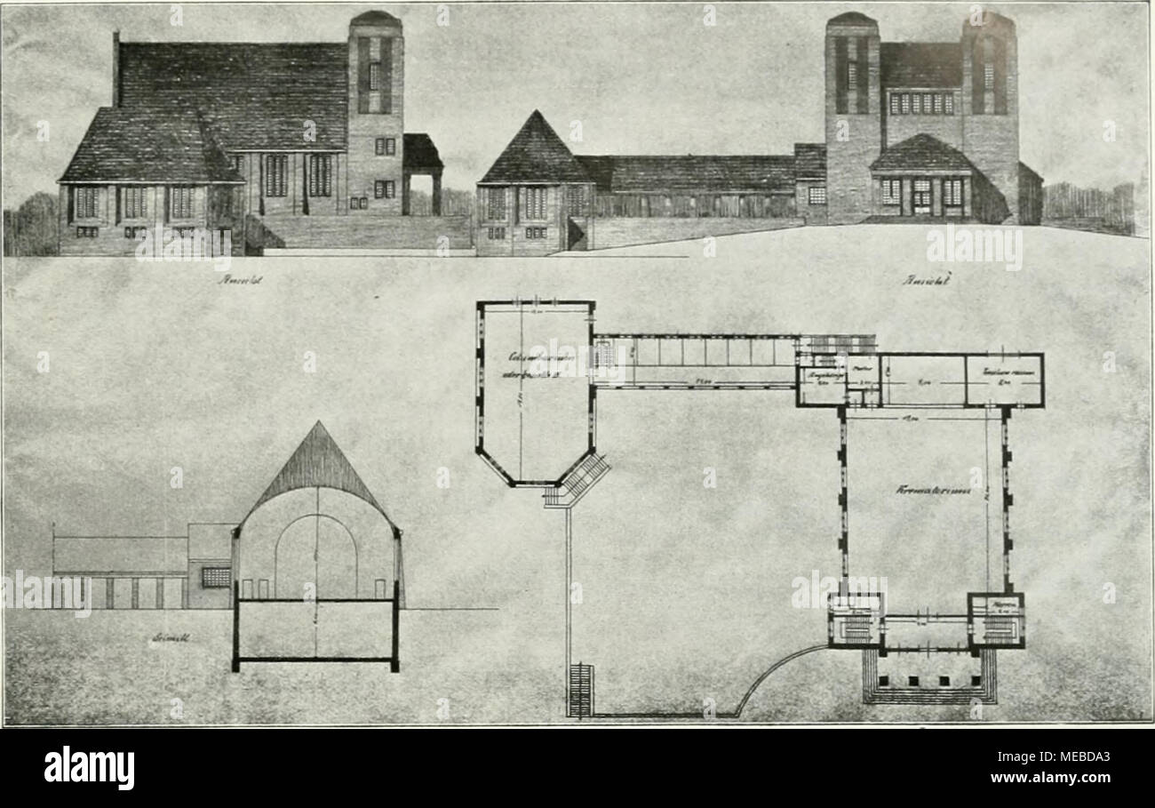 . Die Gartenkunst . Wettbewerb Friedhof BremenOsterhoIz: Ansicht, Grundriß und Schnitt des Krematoriums zum Entwurf Wagner, Schnackenberg &AMP; Siebold (Angekauft). Mafistab ca. 1:850. gefaßt, ein großes Wasserbecken, Der Spiegel fast eben mit dem breiten umgebenden Weg. Und in circuizione Mitte die grosse Insel, von einer prächtigen balaustra umsäumt und ihrerseits wieder als letzten Kern einen großen figurengekrönten Brunnen tragend inmitten von Orangen, Magnolien und Rosen. Der äußere Teichrand wird von marmornen Toren und wasserspeienden Fanta- siefiguren rhythmisch belebt, ähnlich auch die era Foto Stock