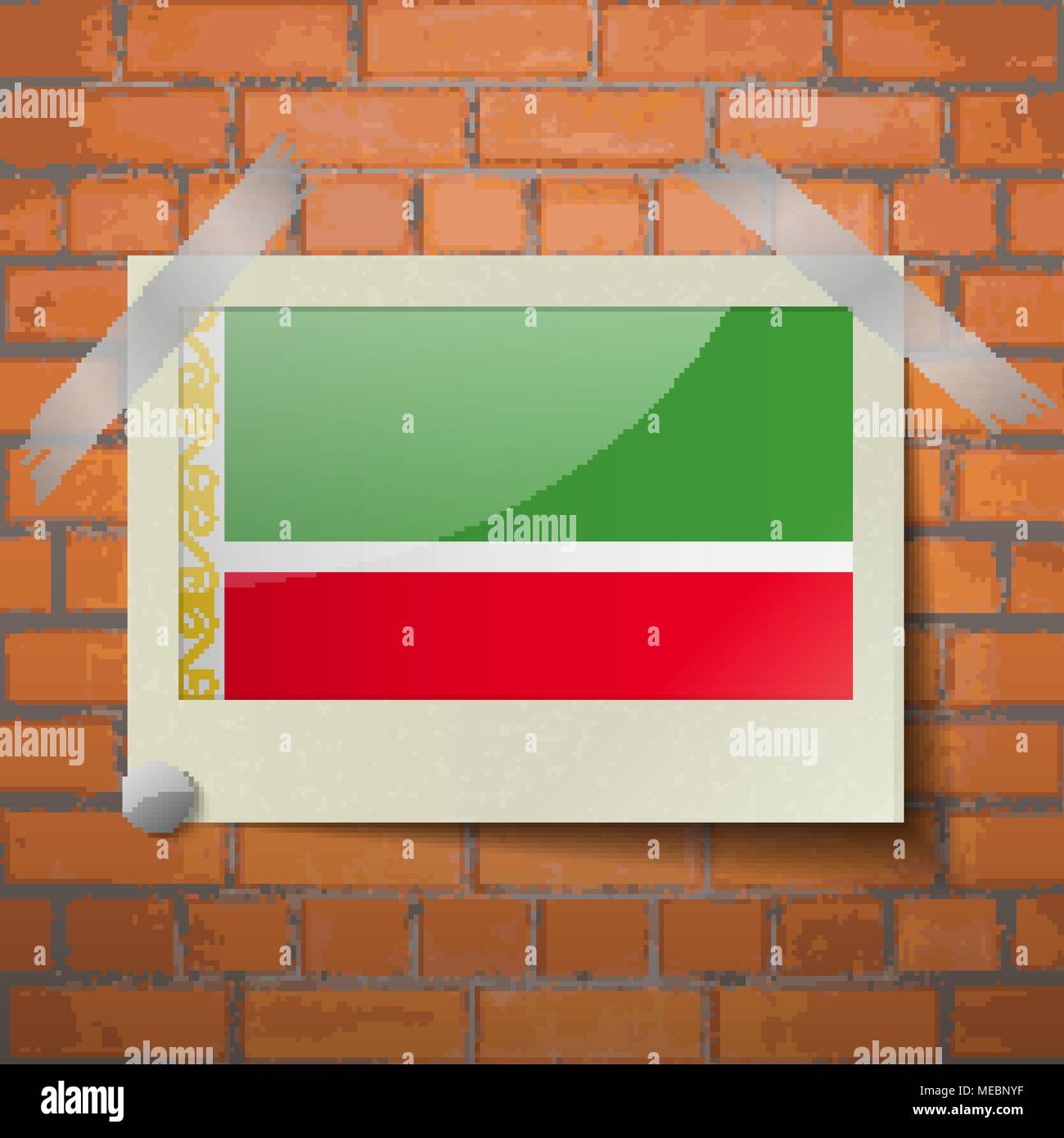 Le bandiere della Repubblica cecena scotch nastrato per un rosso un muro di mattoni. Vettore Illustrazione Vettoriale