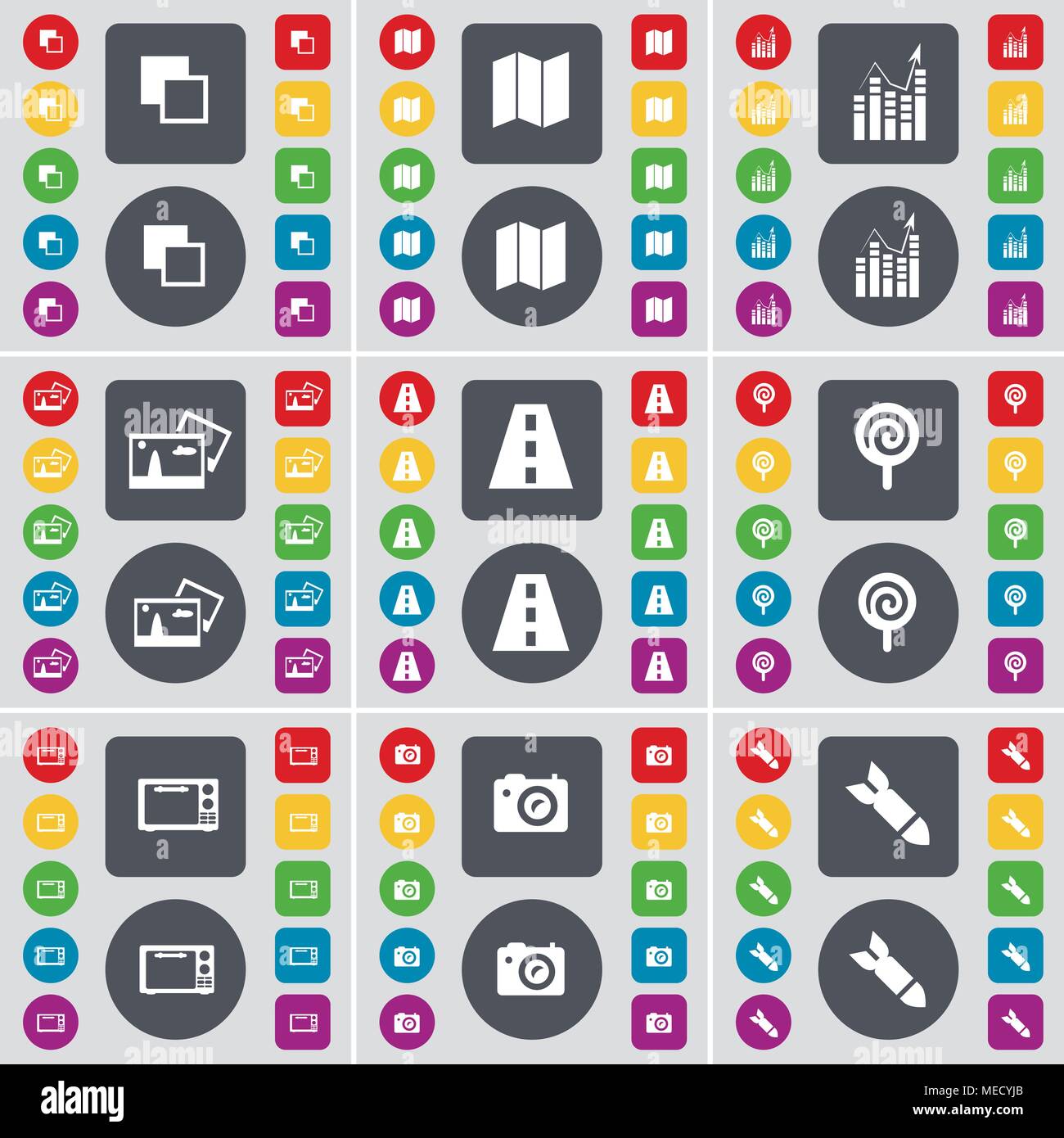 Copia, Mappa, Grafico, immagine, Road, lecca-lecca, Forno a microonde, fotocamera, Rocket icona simbolo. Un grande insieme di Piana, pulsanti colorati per il vostro design. Illustr vettore Illustrazione Vettoriale