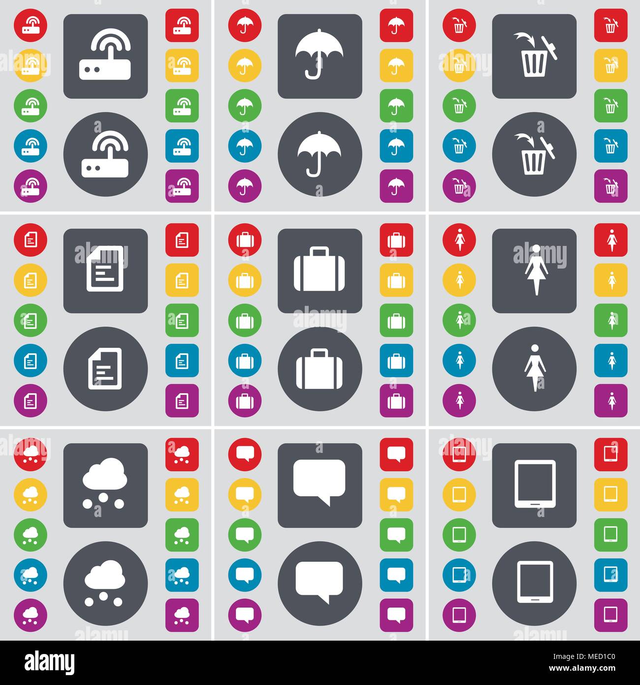 Router, ombrello, Cestino, file di testo, valigia, Silhouette, Cloud, Chat bolla, Tablet PC icona simbolo. Un grande insieme di Piana, pulsanti colorati per il vostro Illustrazione Vettoriale