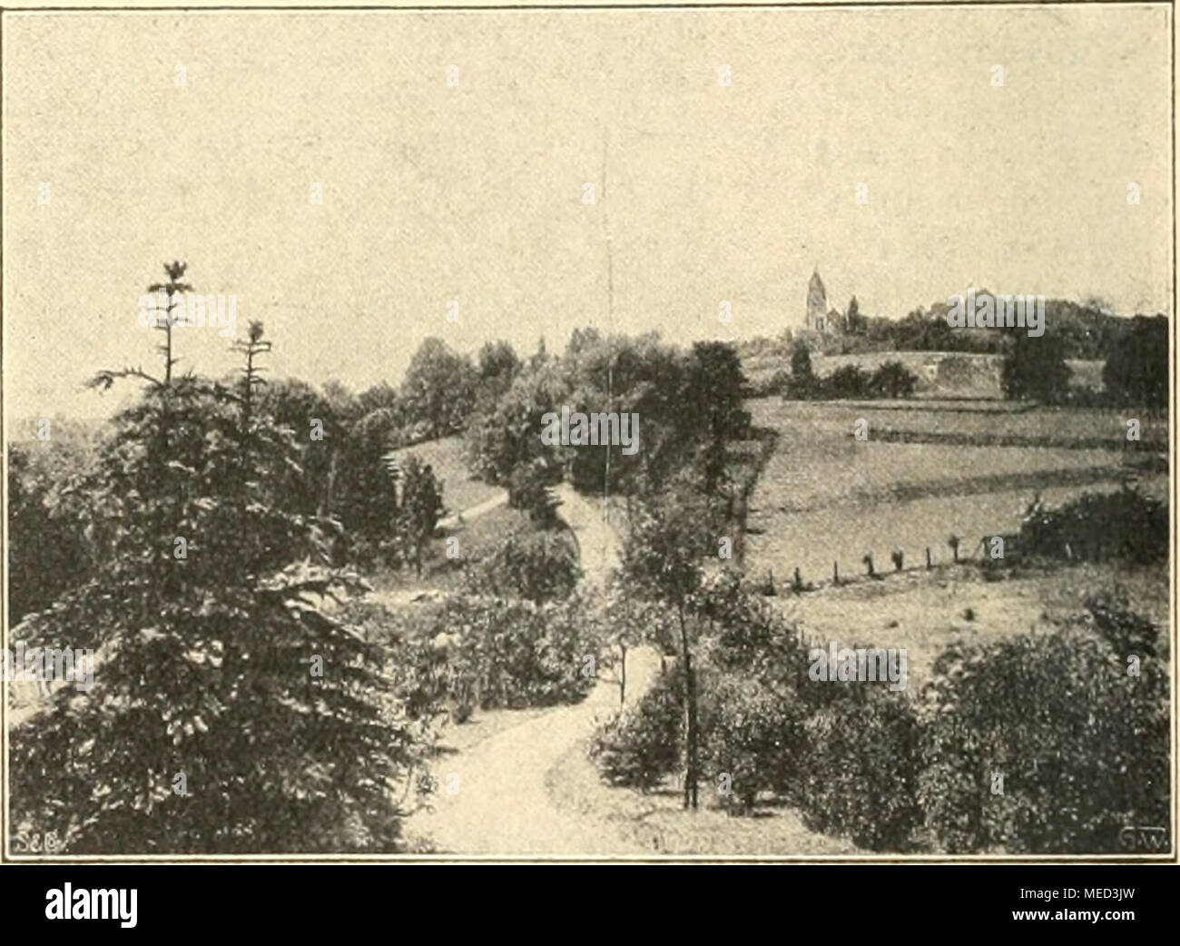 . Die Gartenwelt . Blick vom Stadtgarten di Aachen zum Salvatorberg. Oriffinalaufnahme für die "Gartenwelt". ist ist mit der Stadt durch breite schattige Alleen verbunden. Gut erhaltene Fuß- und Fahi-wege haben ihn Seit Jahren 20 dem Verkehr erschlossen. Seitdem bildet er den Sammel- punkt fih' cittadino und Fremde. Durch sein stark bewegtes Gelände und die zahlreichen Ausblicke auf die Stadt einer- seits, die holländische weite Ebene, Belgien und das neutrale Ländchen Moresnet auf der belgisch-preußischen Grenze, 7 km südwestlich von Aachen, andererseits, ist er bei circuizione Bewirt- schaftun Foto Stock