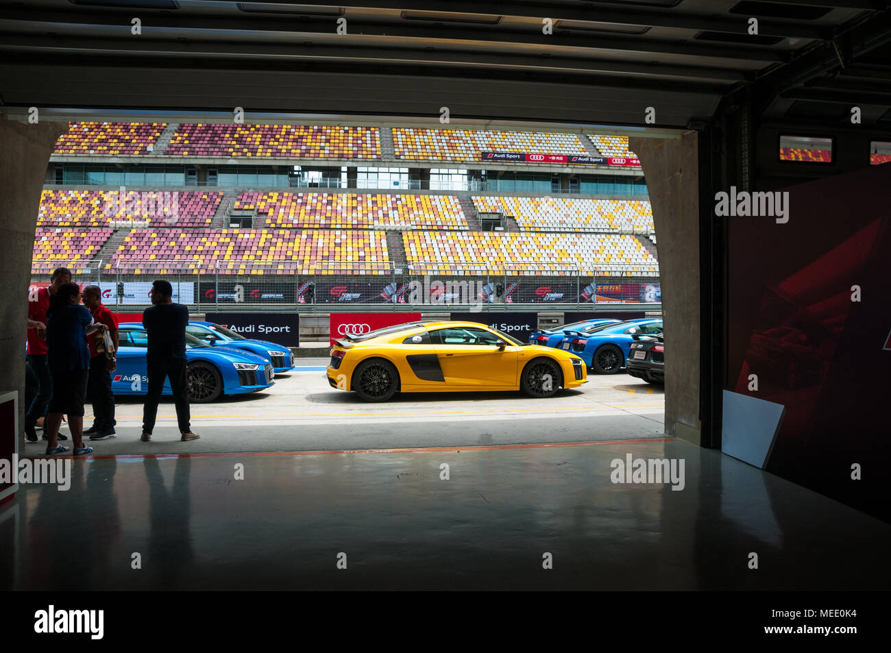 Line-up di Audi R8 V10 Coupe prestazioni autovetture sulla griglia di partenza a un Audi Driving Experience Day tenutosi presso la Shanghai International Circuit come vedere Foto Stock