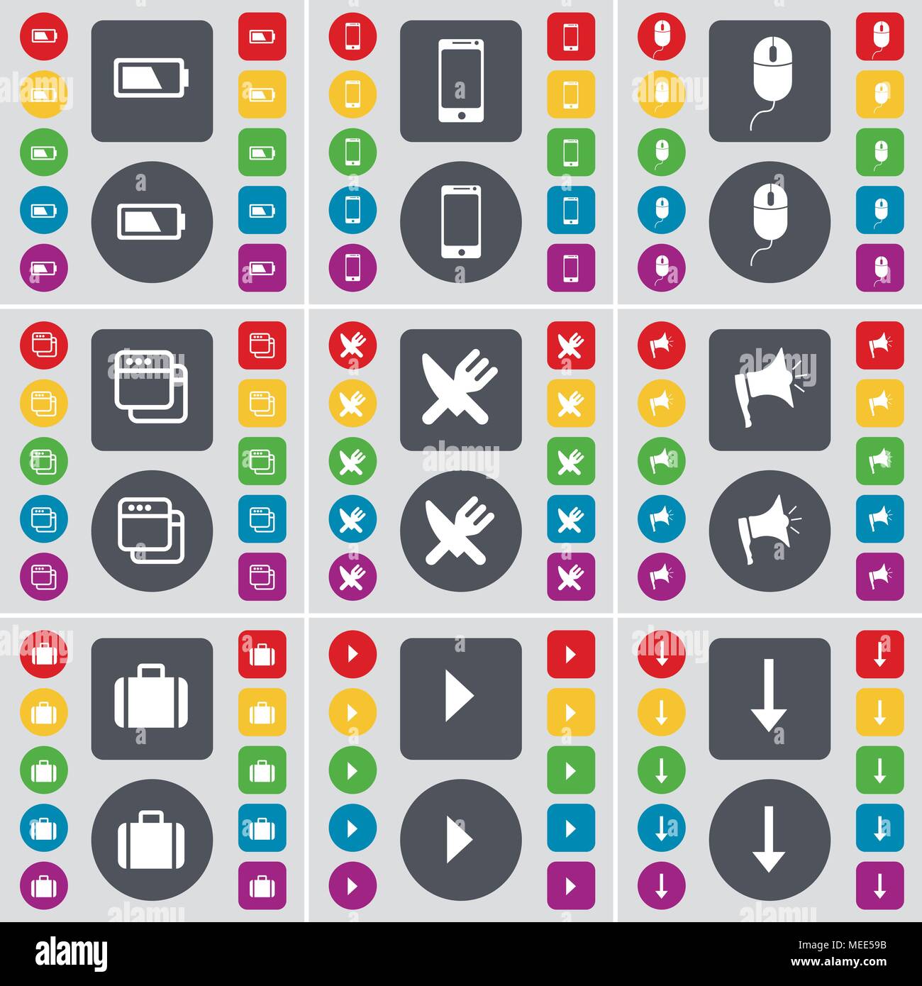 Batteria, Smartphone, mouse, finestra, forchetta e coltello, megafono, valigia, riproduzione multimediale, Freccia giù icona simbolo. Un grande insieme di Piana, pulsanti colorati per Illustrazione Vettoriale