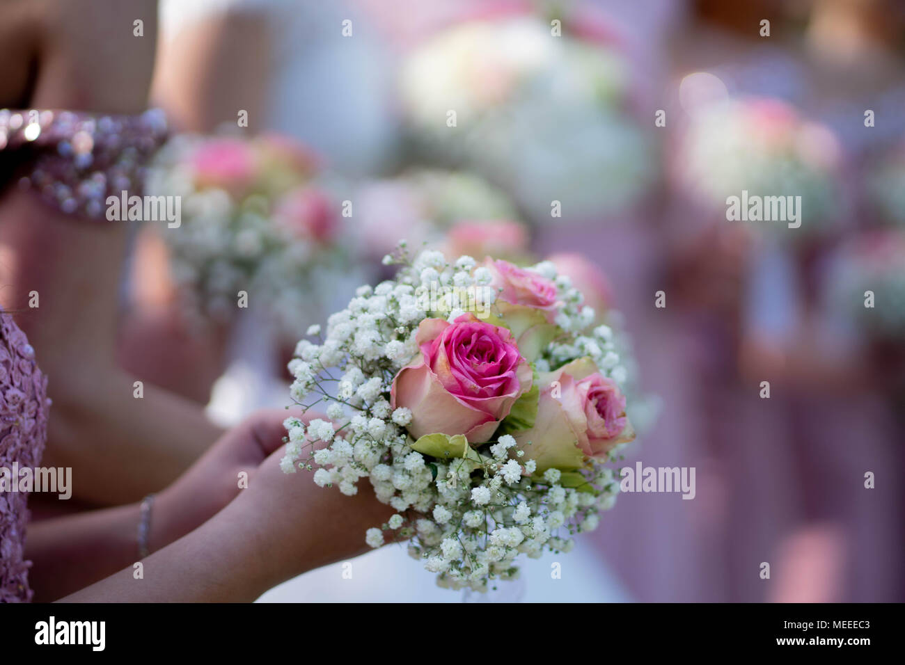 La sposa e le sue damigelle hanno in abiti rosa tenendo il loro bouquet. Foto Stock
