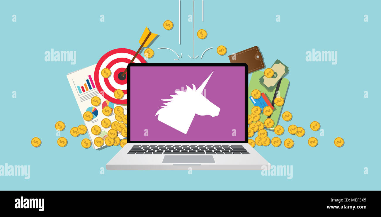 Unicorn azienda startup con laptop e vettore di denaro Foto Stock