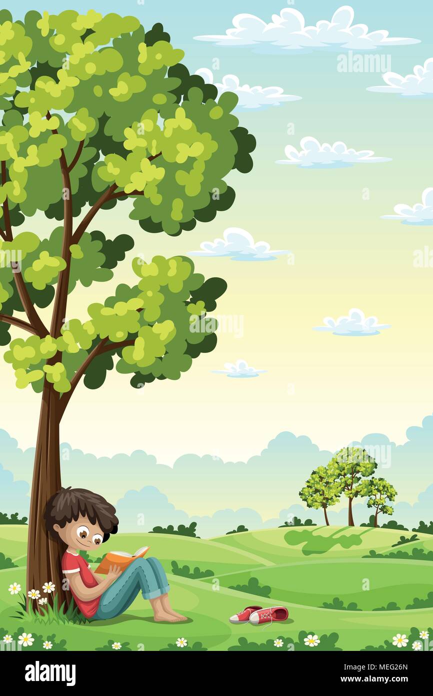 Ragazzo seduto unter un albero e la lettura di un libro Illustrazione Vettoriale