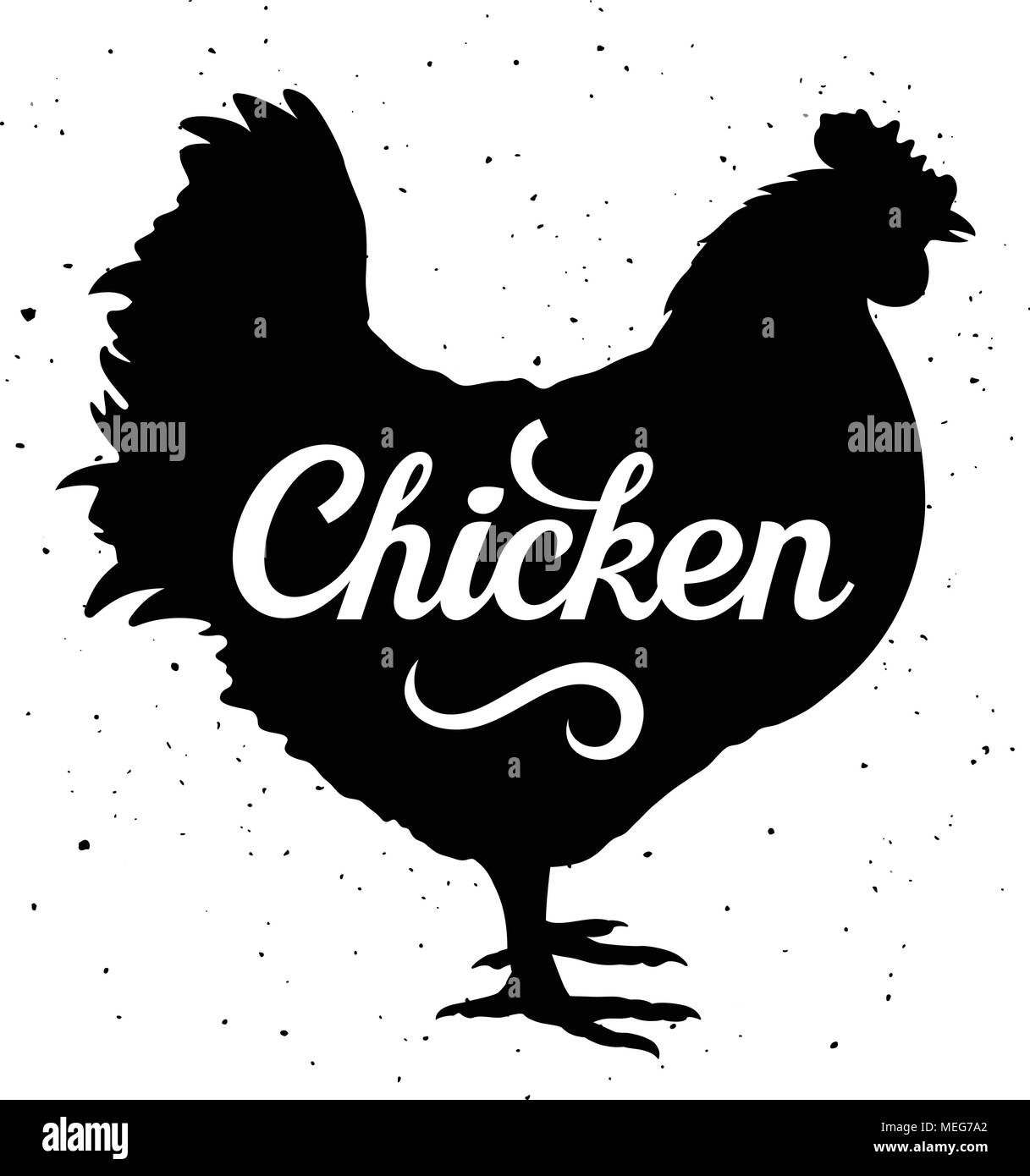Silhouette di pollo con una iscrizione calligrafico 'pollo' su uno sfondo grunge. Illustrazione Vettoriale Illustrazione Vettoriale
