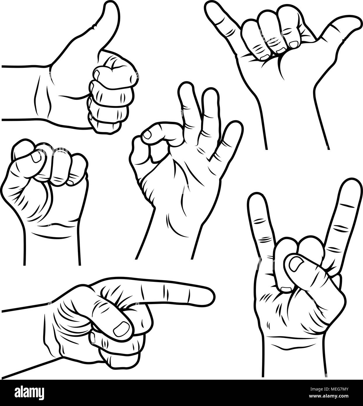 Gesti con le mani e segni. Disegnato a mano illustrazione vettoriale Illustrazione Vettoriale