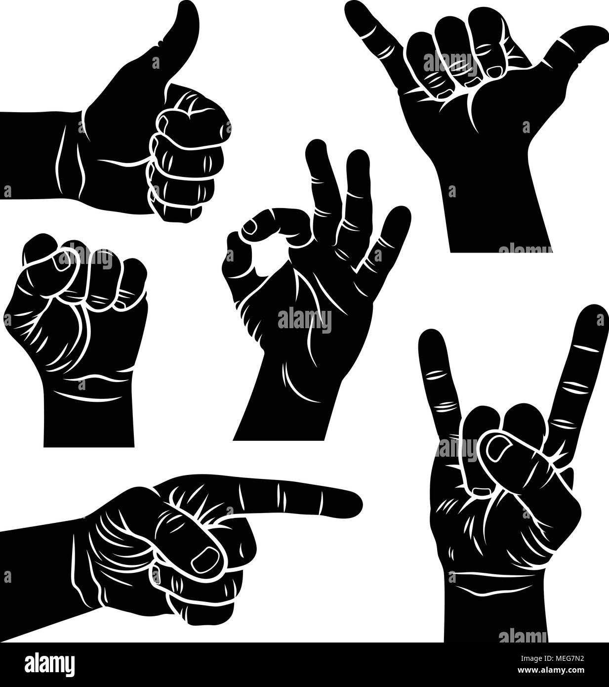 Gesti con le mani e segni. Shaka sign, maschio pugno, una mano che mostra come simbolo, mano di puntamento, Rock and Roll mano segno, segno OK con la mano. Illustrazione Vettoriale Illustrazione Vettoriale