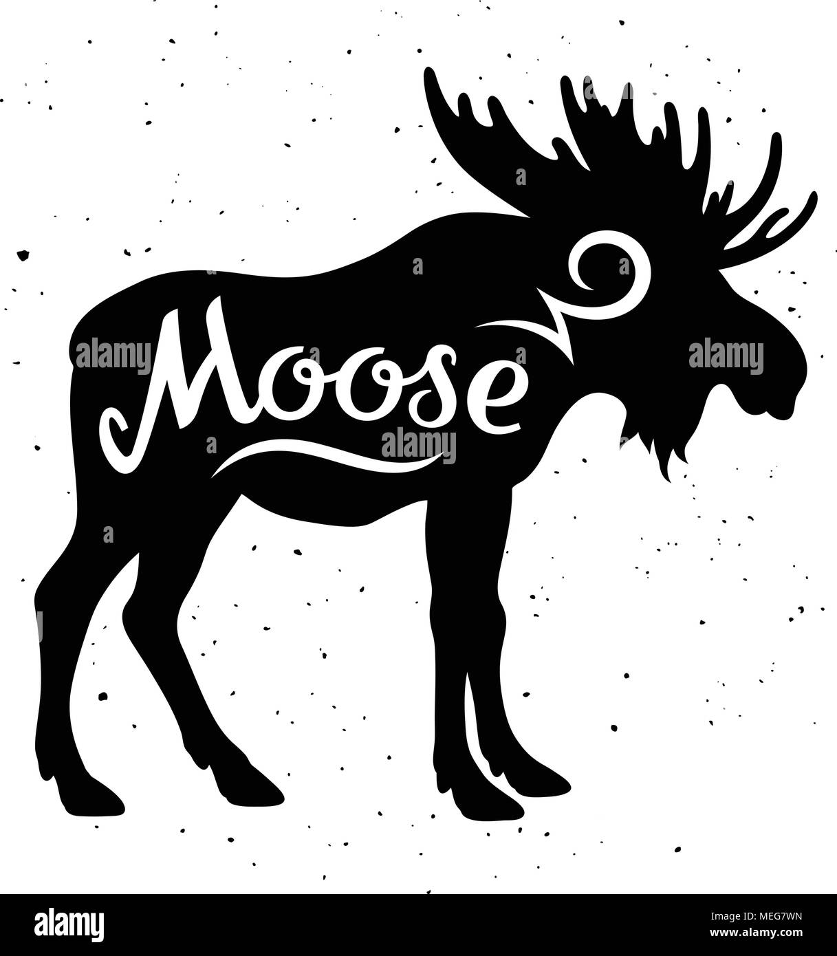 Moose silhouette con una iscrizione calligrafico 'Moose' su uno sfondo grunge. Illustrazione Vettoriale Illustrazione Vettoriale