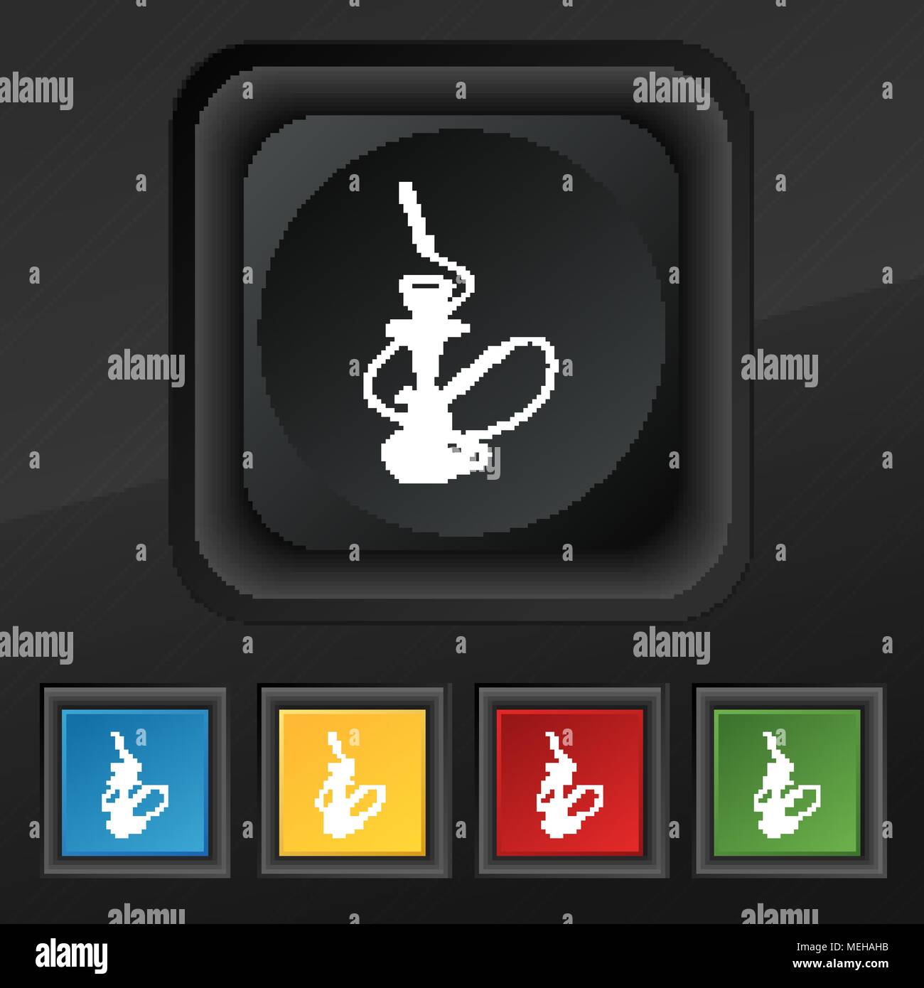 Hookah icona simbolo. Set di cinque colorate, eleganti pulsanti sulla texture nera per il vostro design. Illustrazione Vettoriale Illustrazione Vettoriale